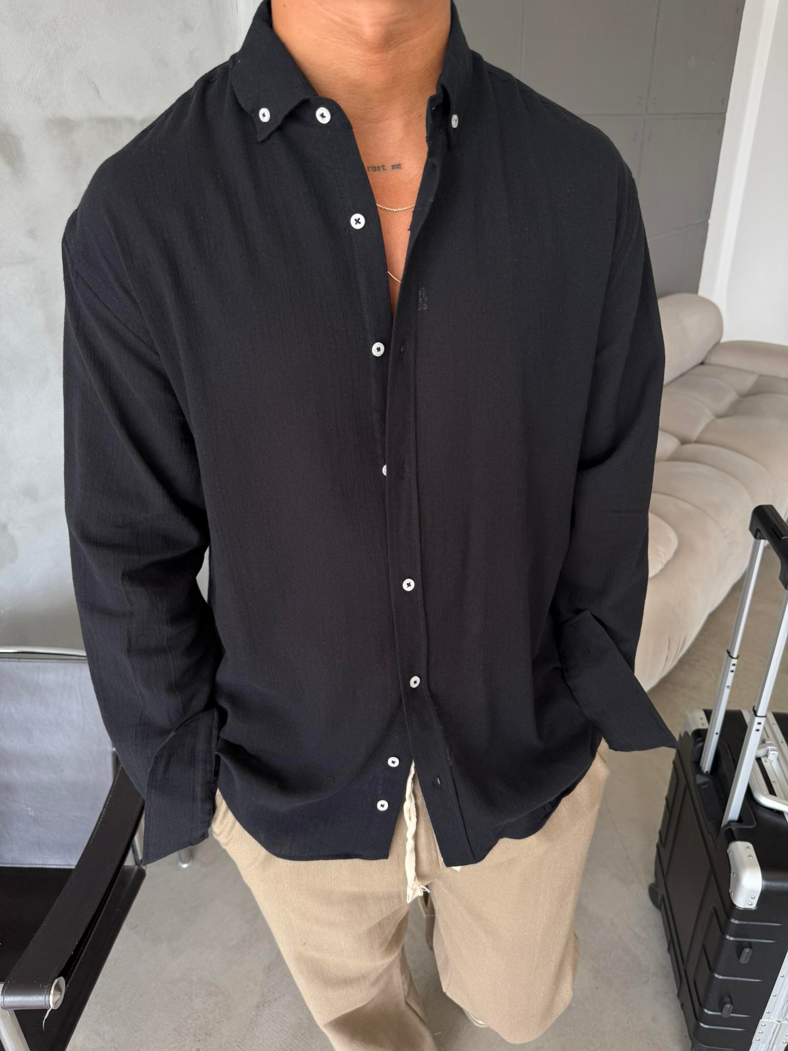 Dokulu Keten Gömlek - Siyah