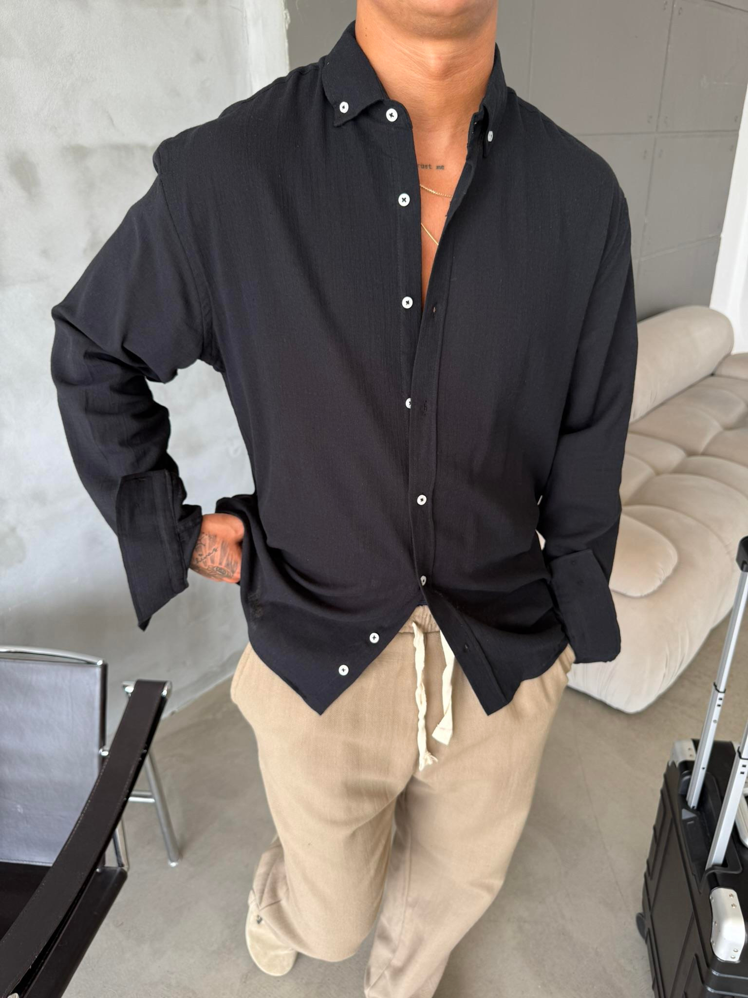 Dokulu Keten Gömlek - Siyah