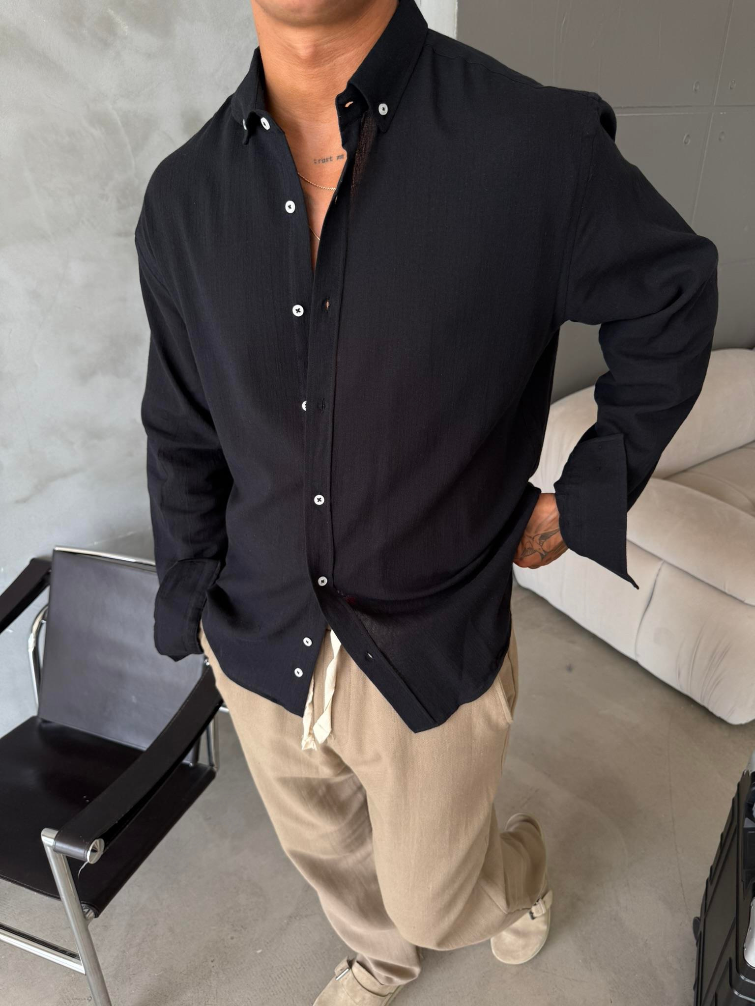 Dokulu Keten Gömlek - Siyah