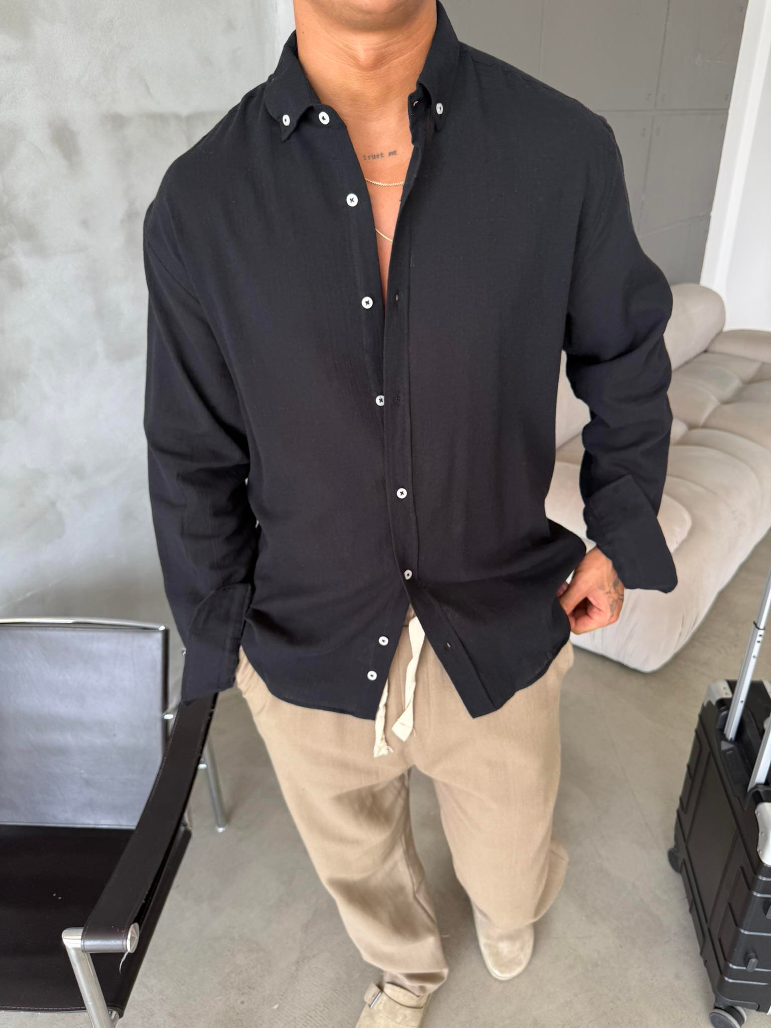 Dokulu Keten Gömlek - Siyah