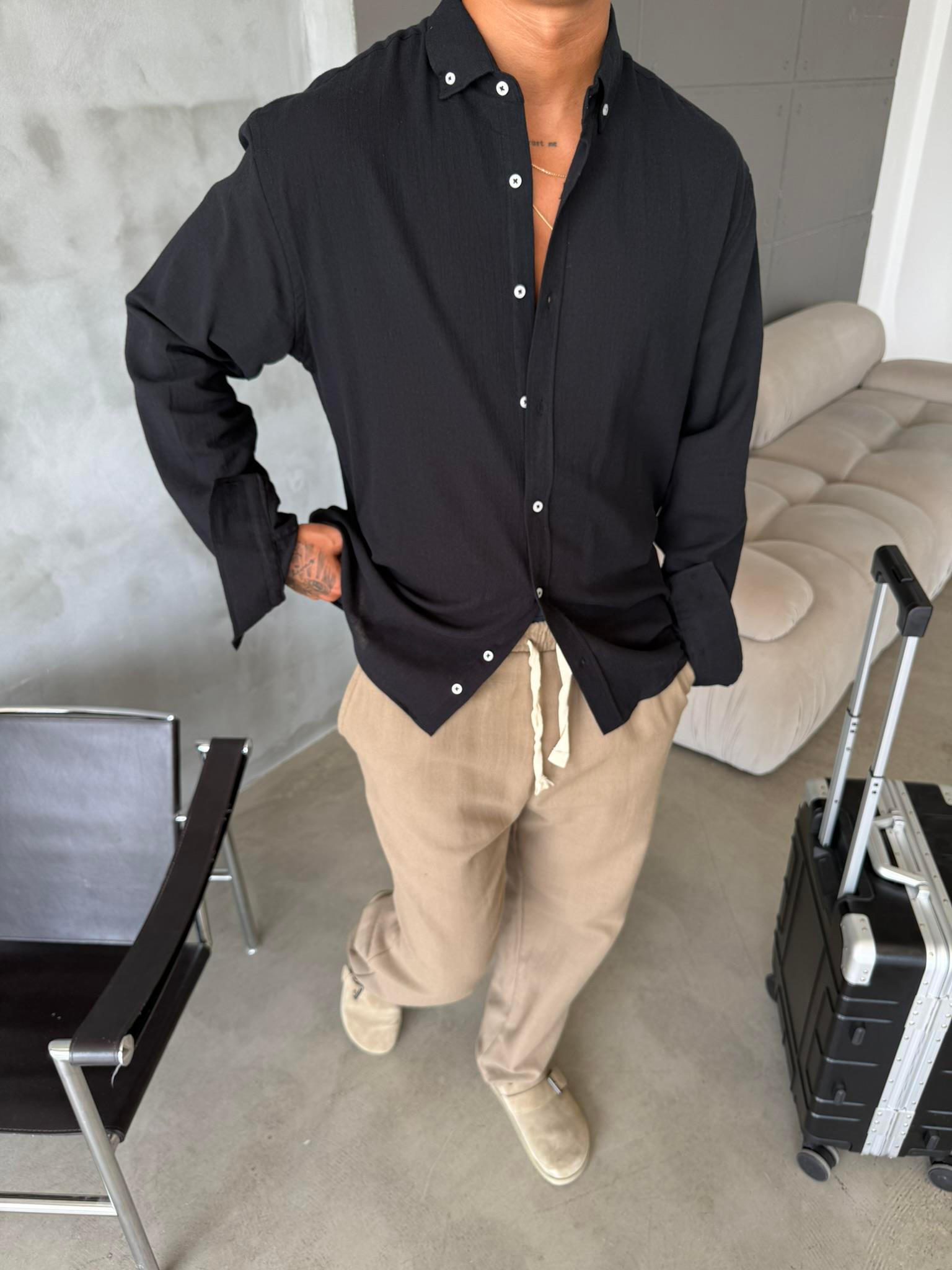 Dokulu Keten Gömlek - Siyah