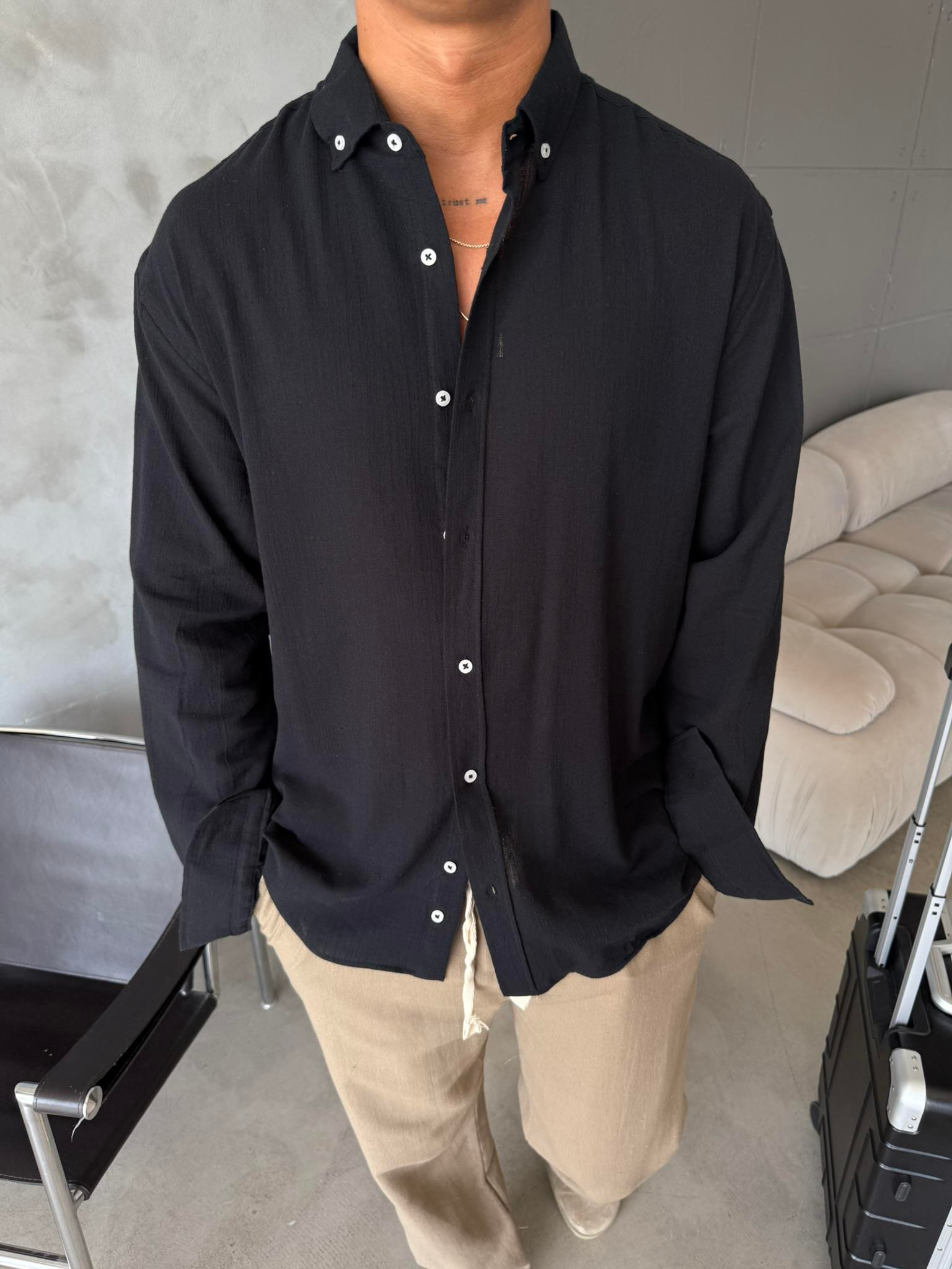 Dokulu Keten Gömlek - Siyah