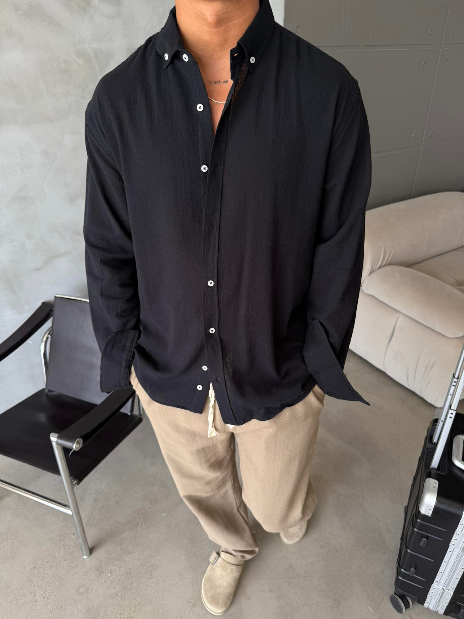 Dokulu Keten Gömlek - Siyah