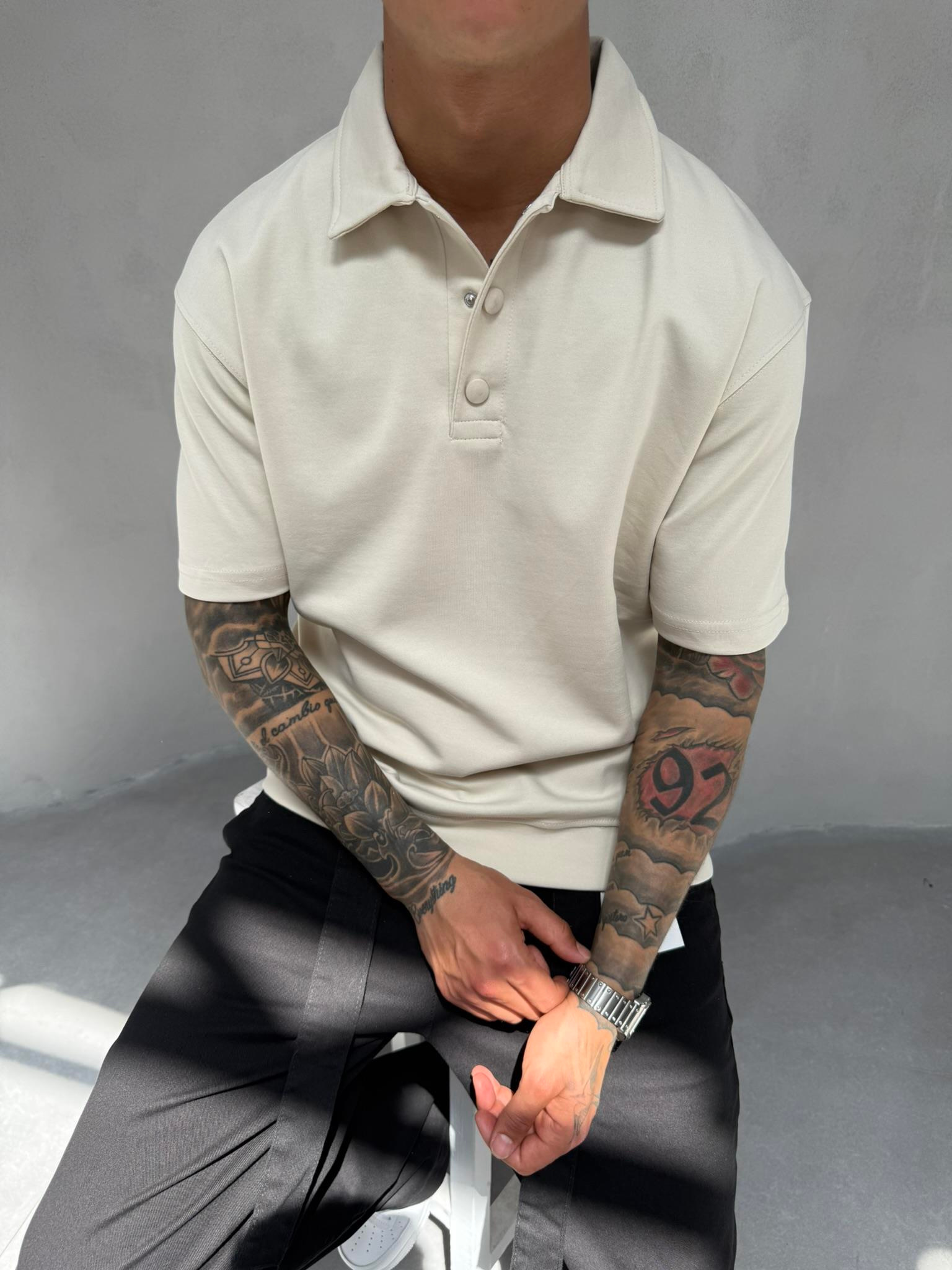 Düğmeli Basic Polo Yaka T-Shirt - Bej