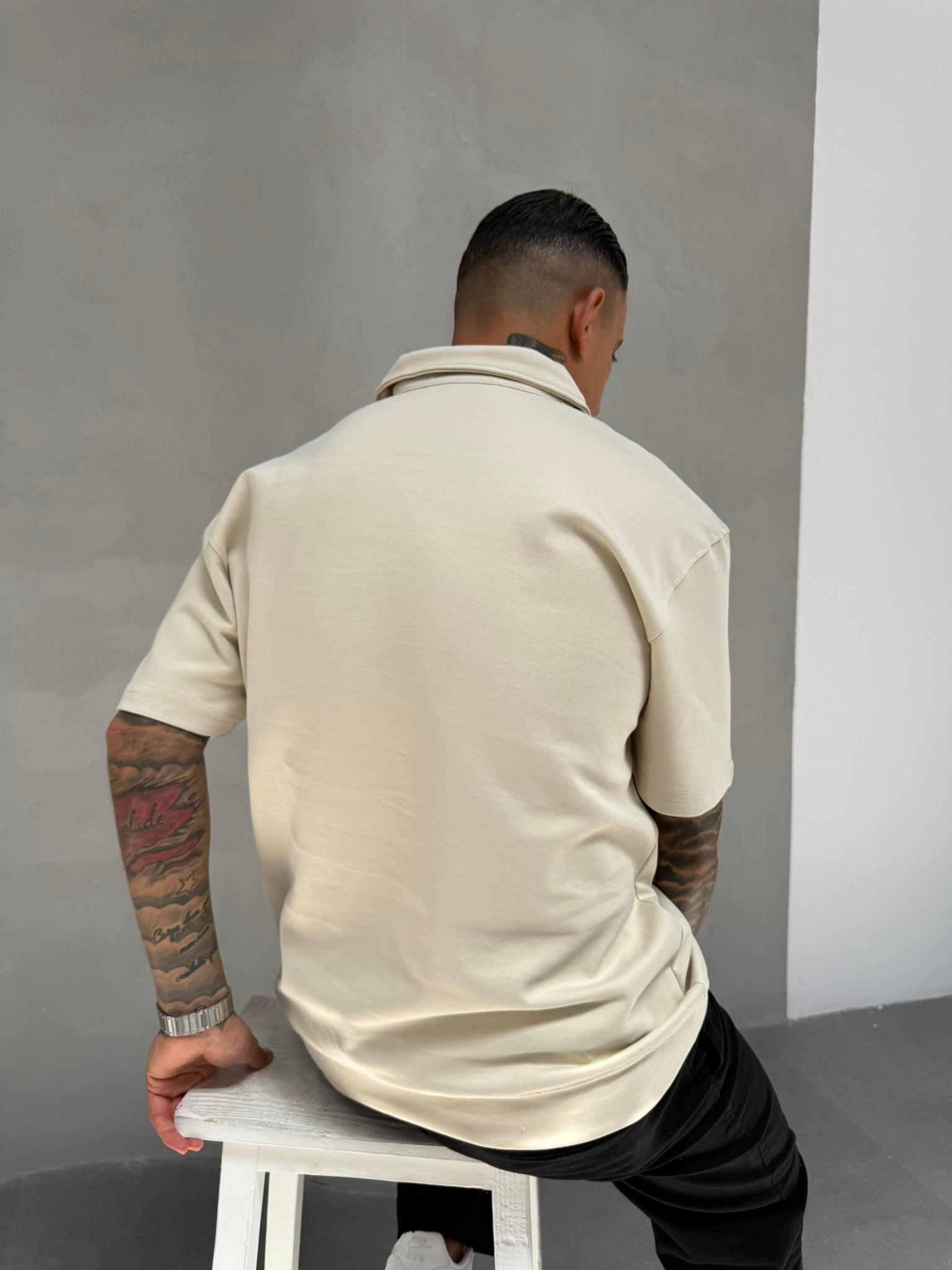 Düğmeli Basic Polo Yaka T-Shirt - Bej