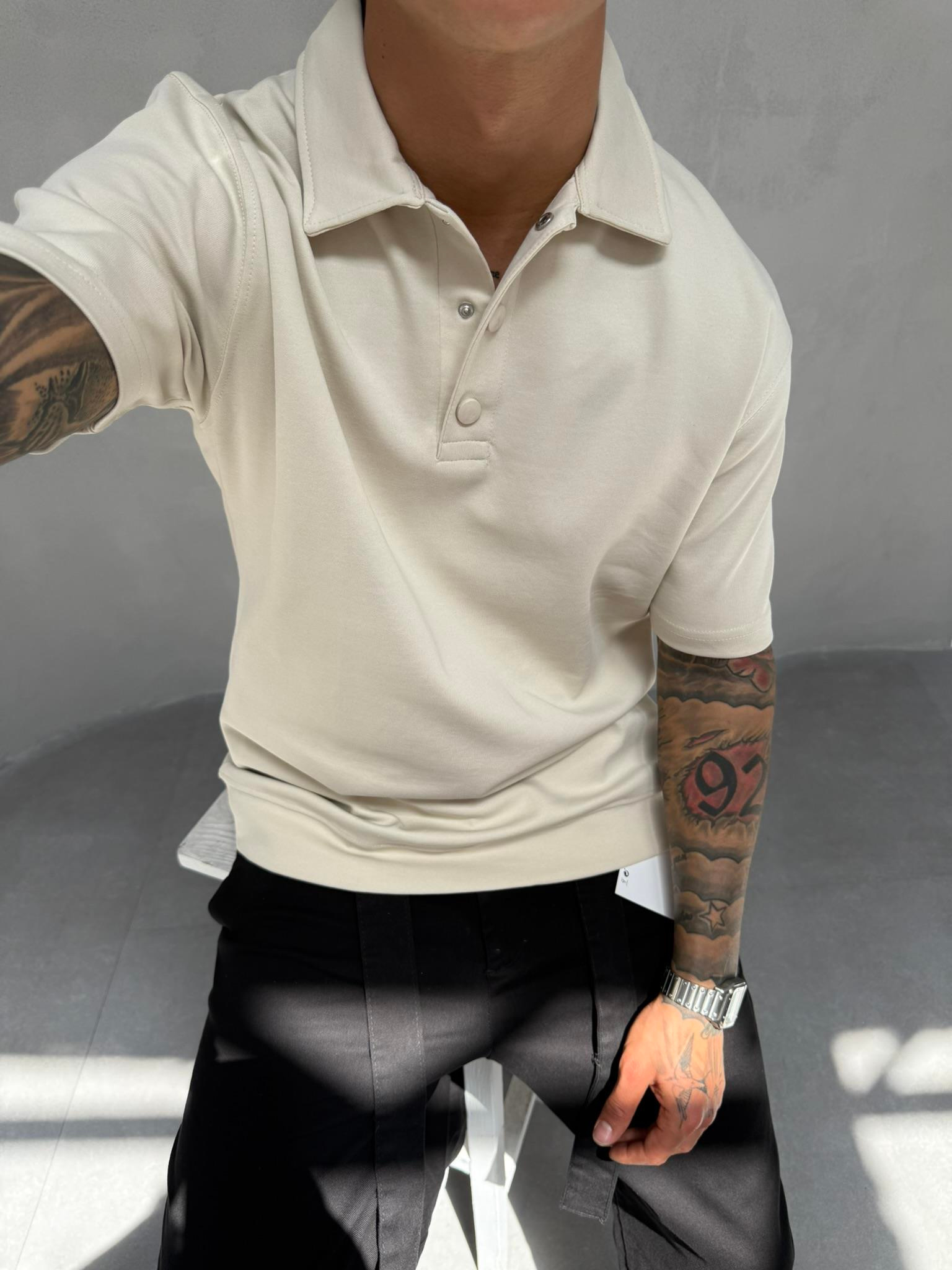 Düğmeli Basic Polo Yaka T-Shirt - Bej