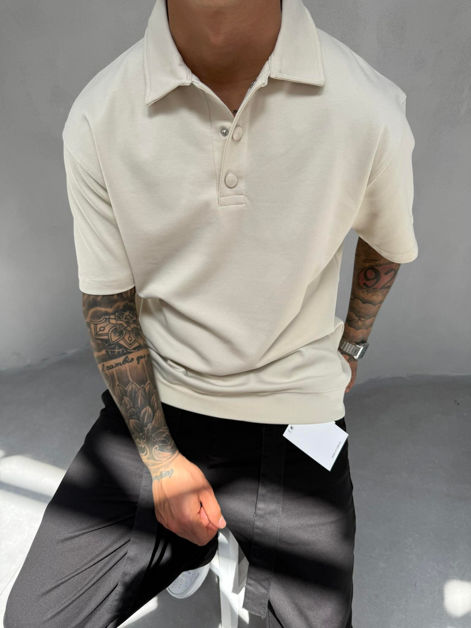 Düğmeli Basic Polo Yaka T-Shirt - Bej
