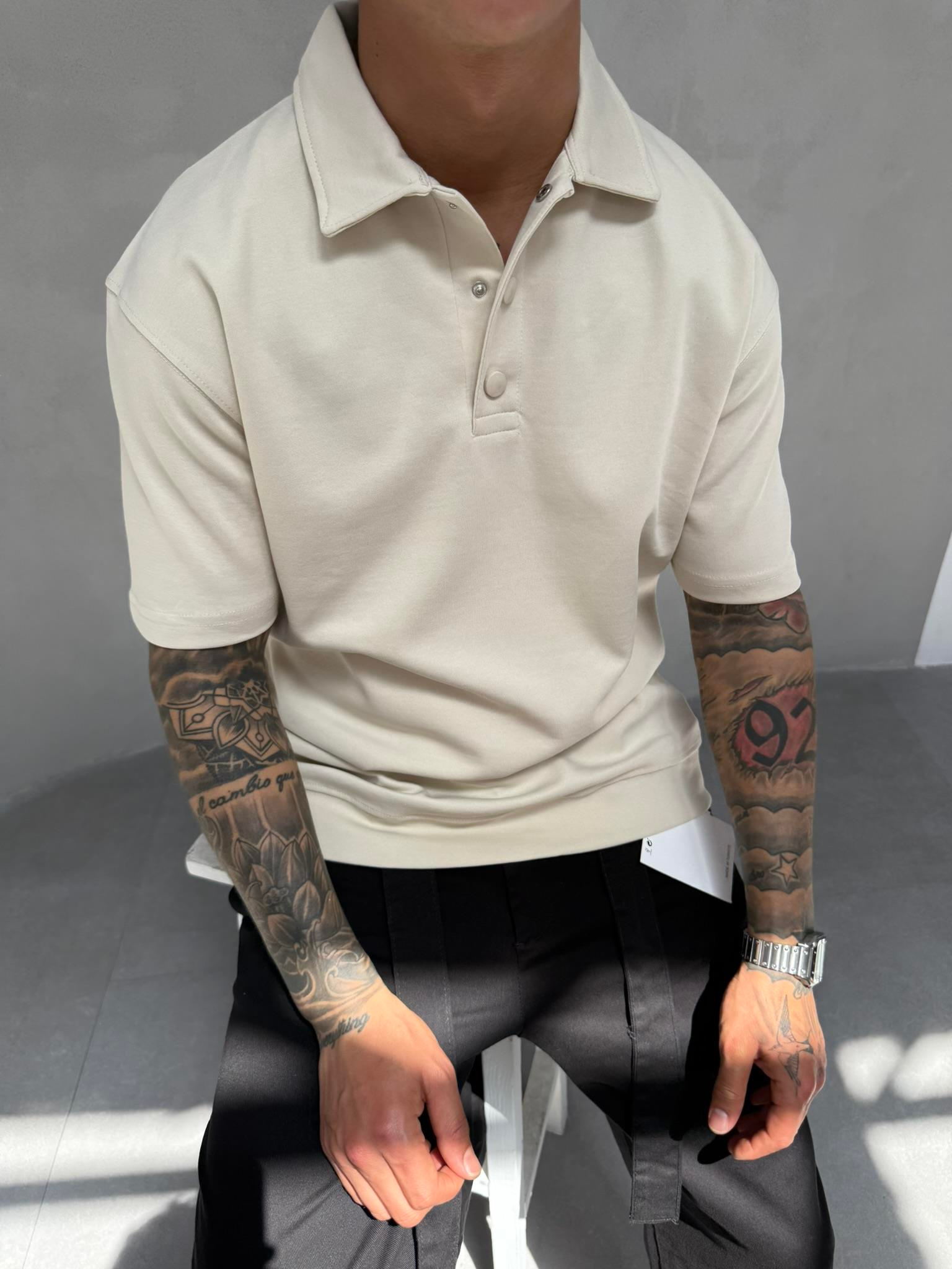 Düğmeli Basic Polo Yaka T-Shirt - Bej