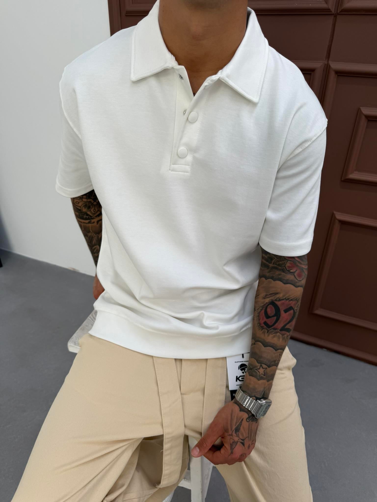 Düğmeli Basic Polo Yaka T-Shirt - Ekru