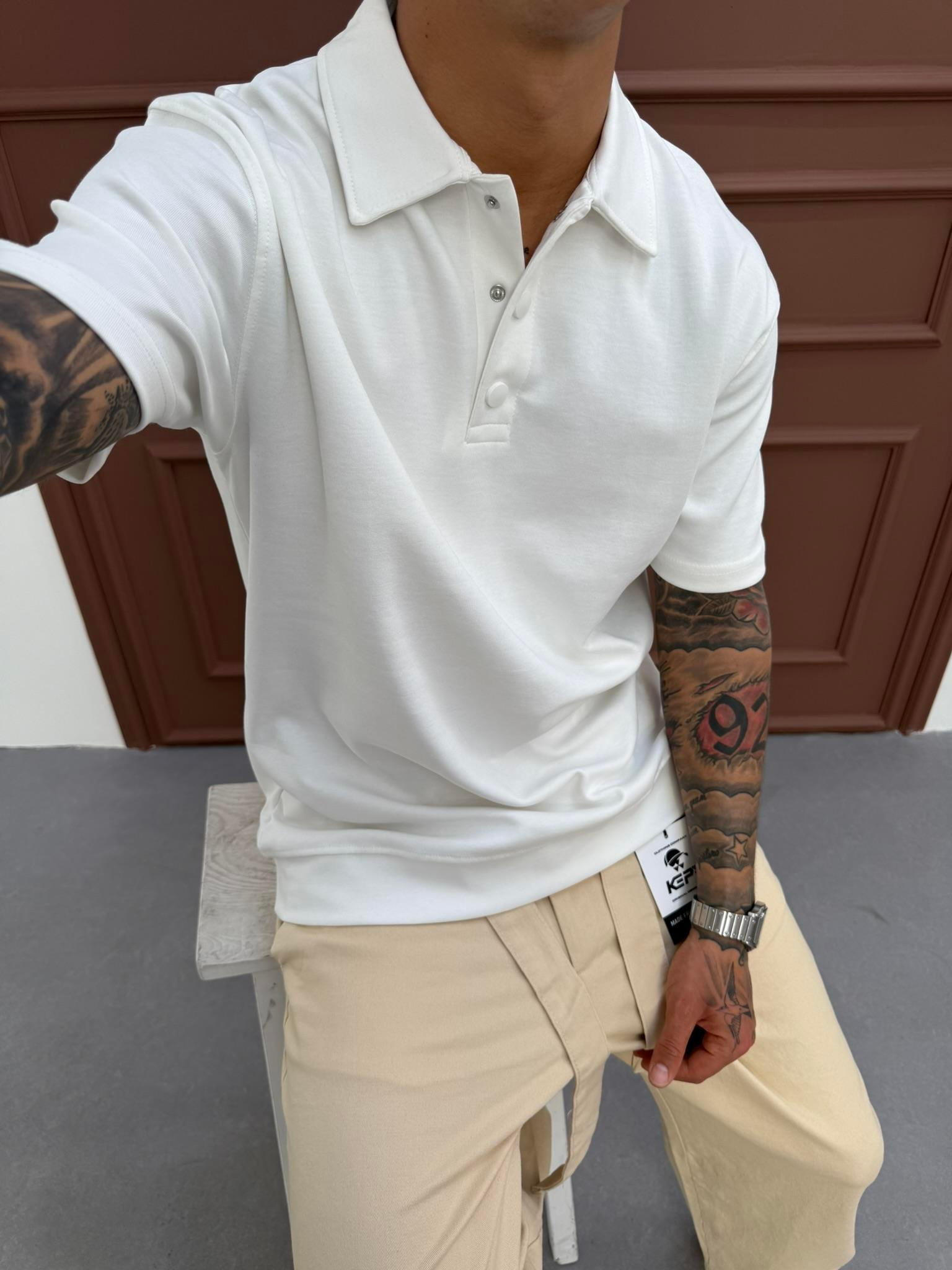 Düğmeli Basic Polo Yaka T-Shirt - Ekru