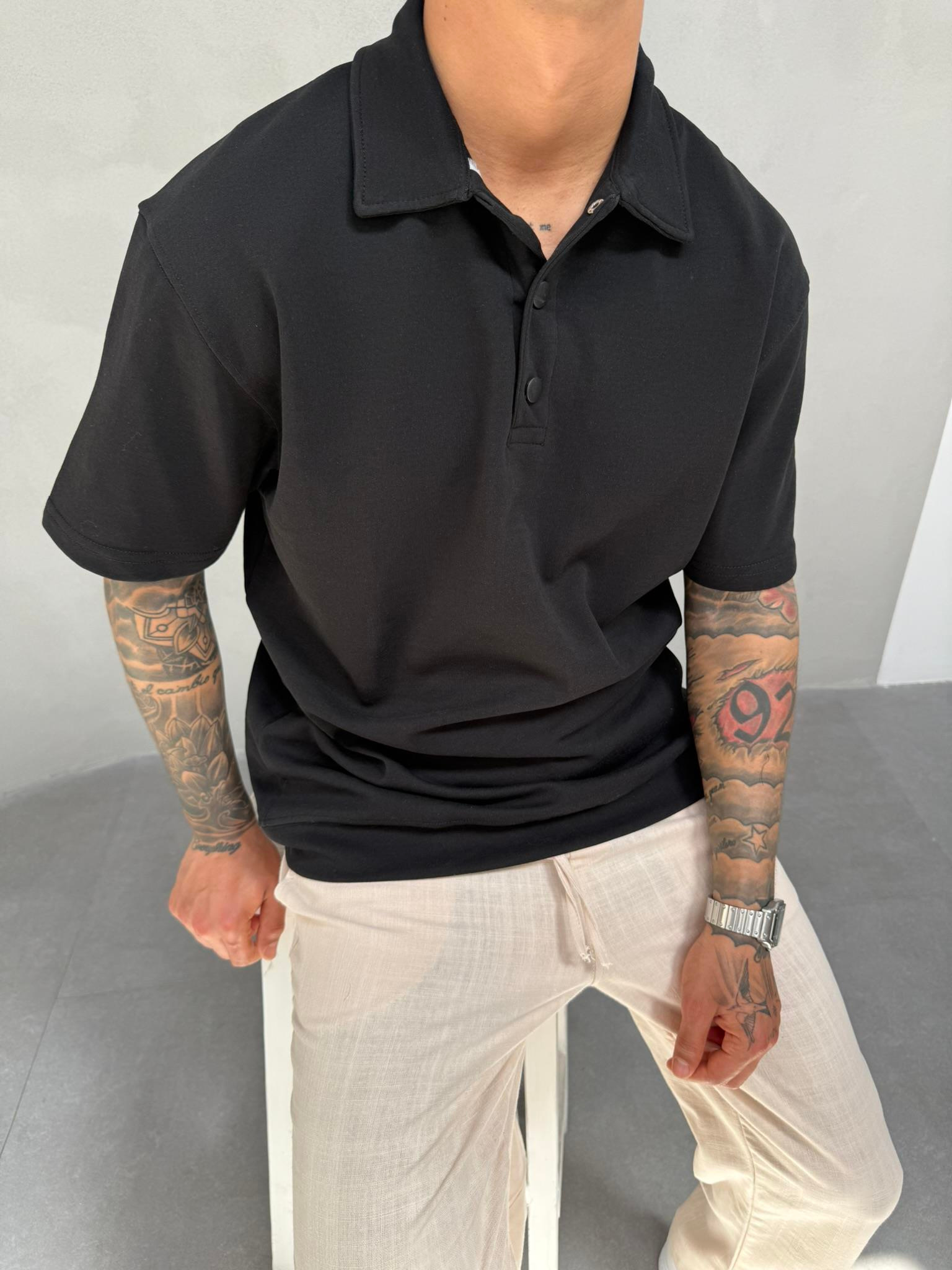 Düğmeli Basic Polo Yaka T-Shirt - Siyah