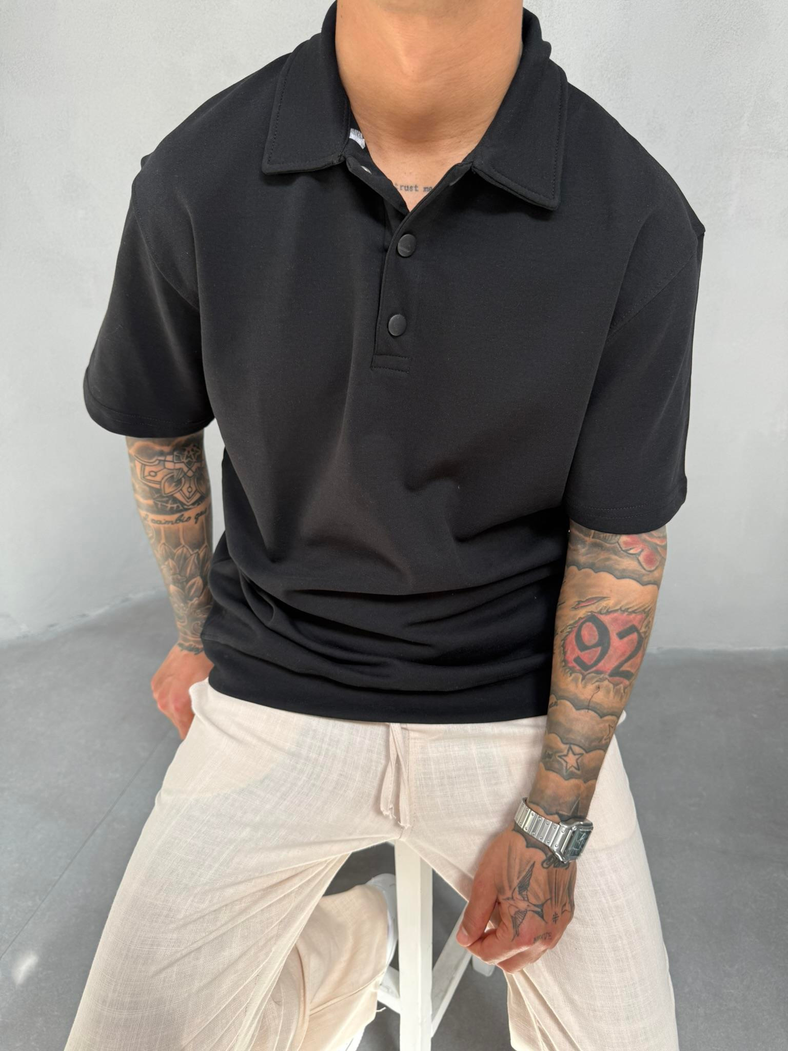 Düğmeli Basic Polo Yaka T-Shirt - Siyah