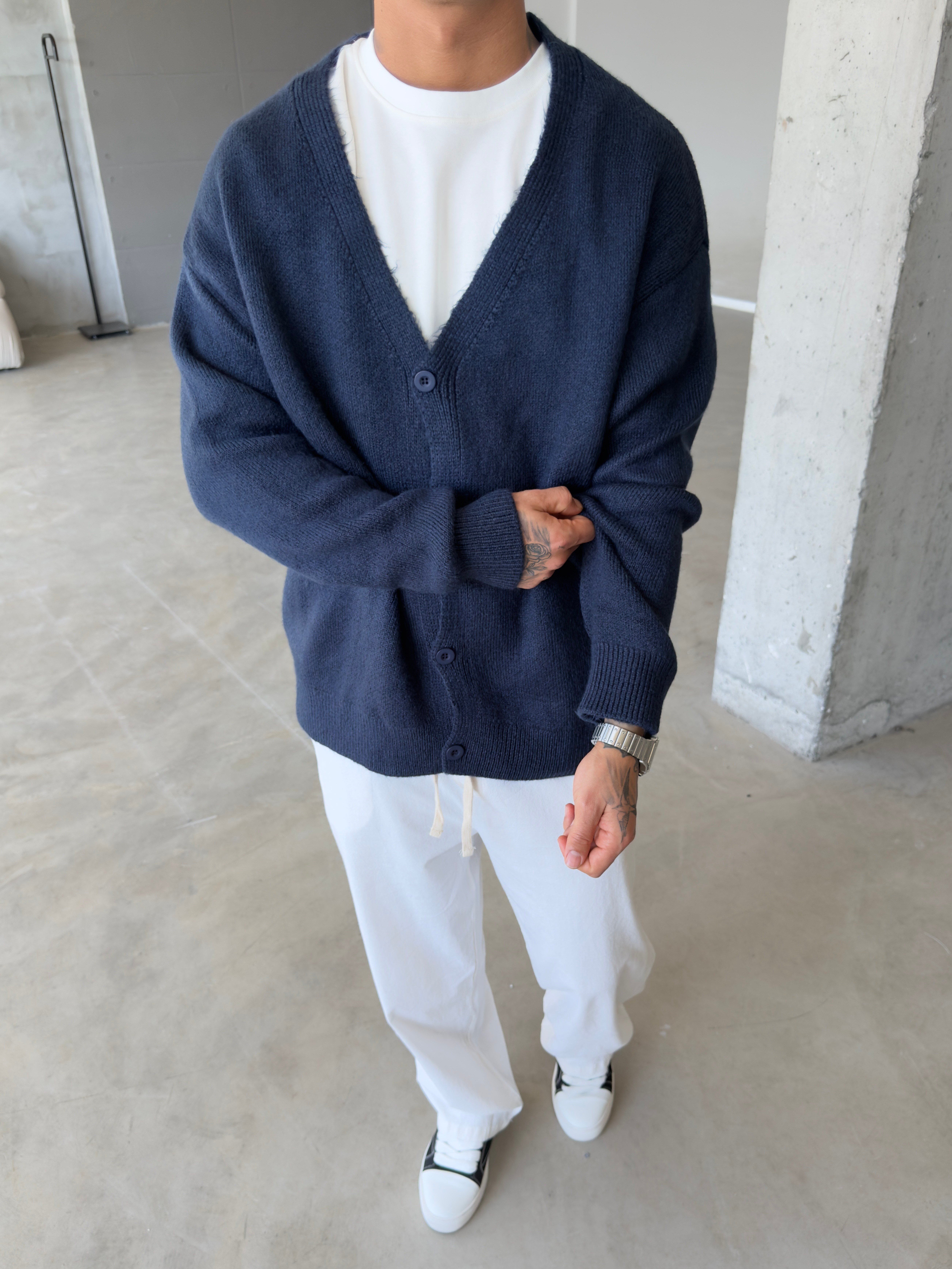 Düğmeli Basic Triko Hıkra - Lacivert