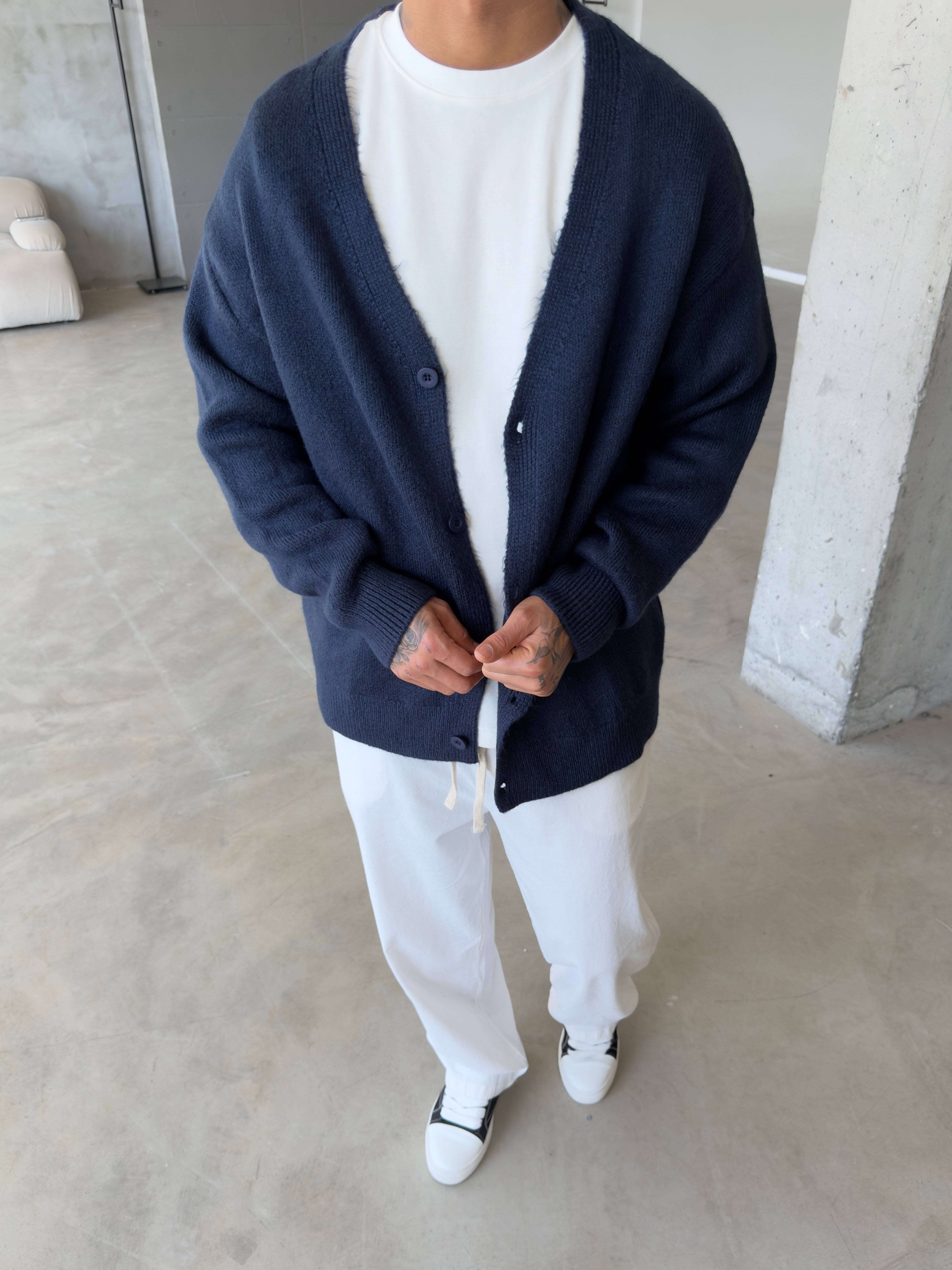 Düğmeli Basic Triko Hıkra - Lacivert