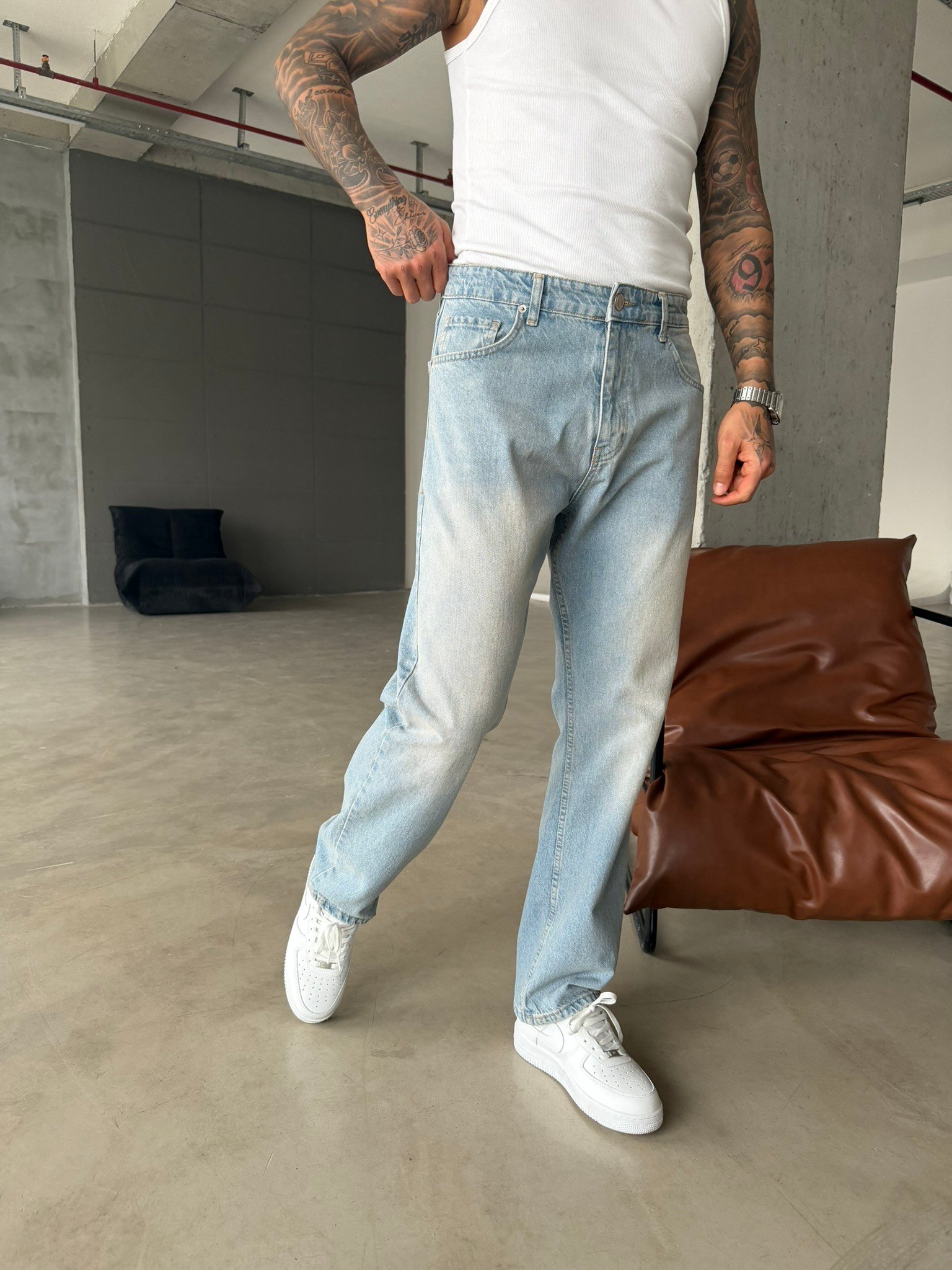 Düz Baggy Fit Basic Pantolon - Buz Mavi