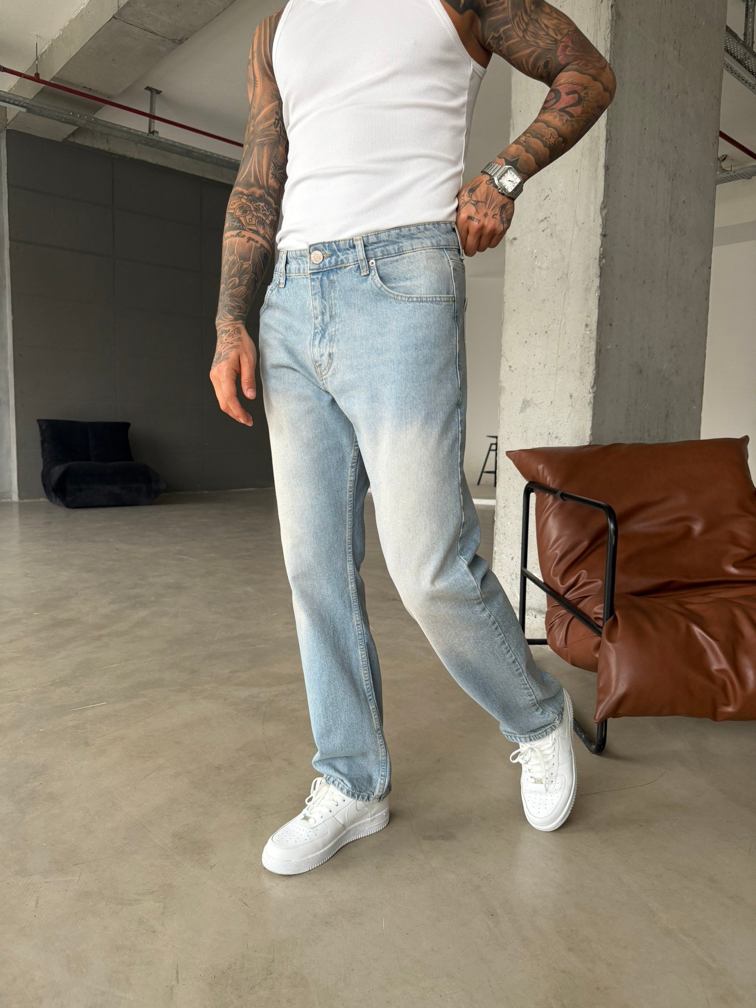 Düz Baggy Fit Basic Pantolon - Buz Mavi