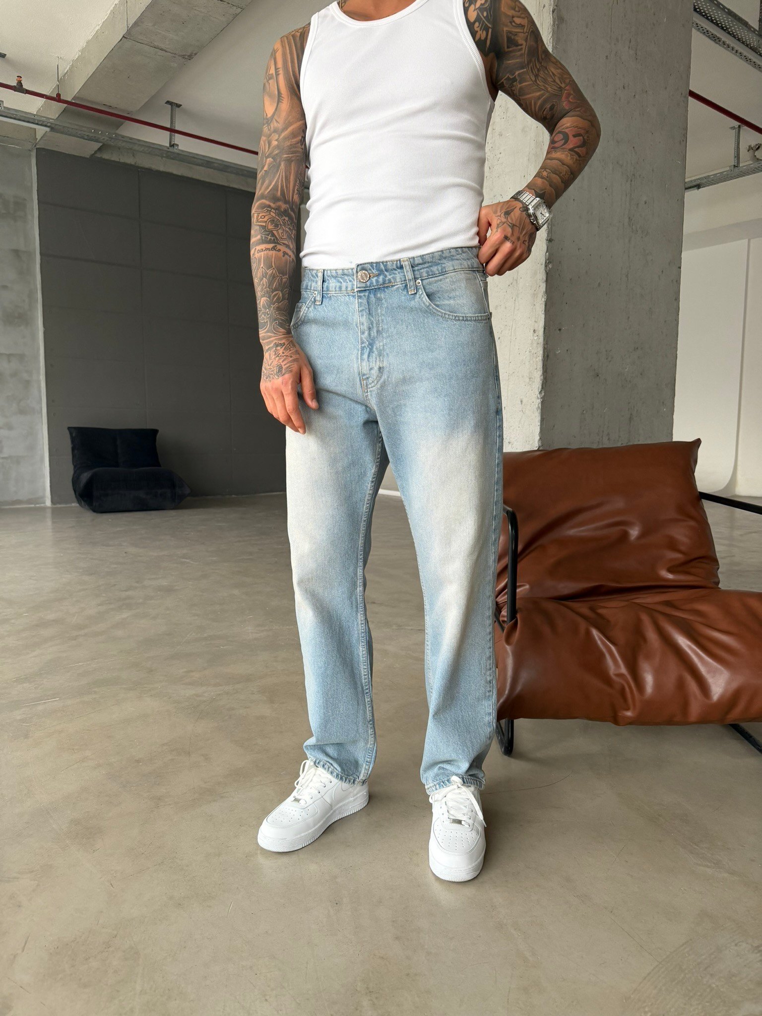 Düz Baggy Fit Basic Pantolon - Buz Mavi