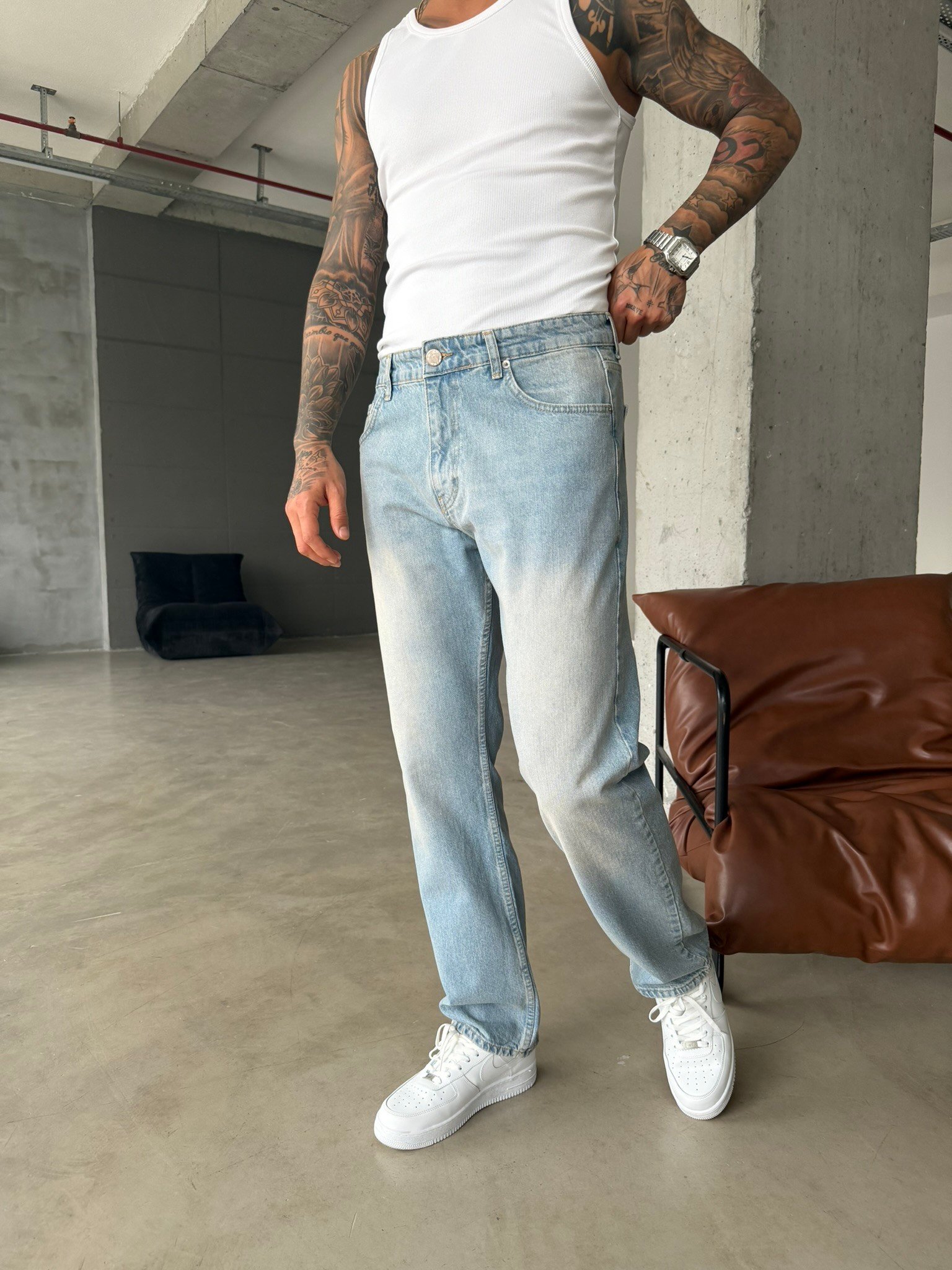 Düz Baggy Fit Basic Pantolon - Buz Mavi