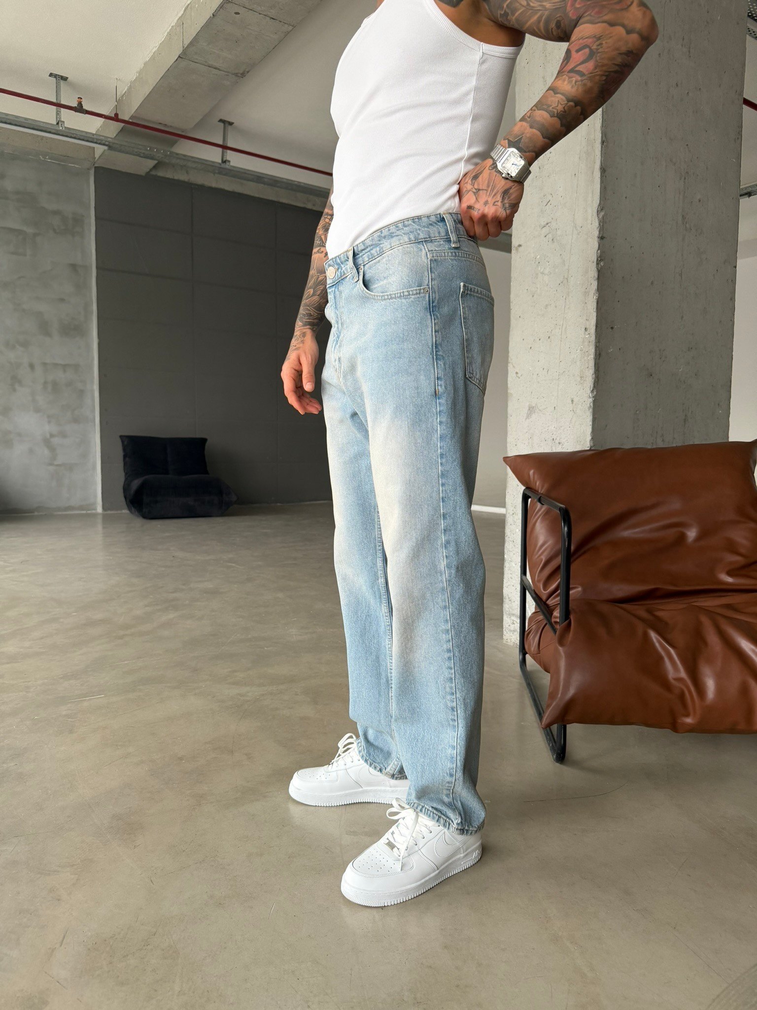 Düz Baggy Fit Basic Pantolon - Buz Mavi