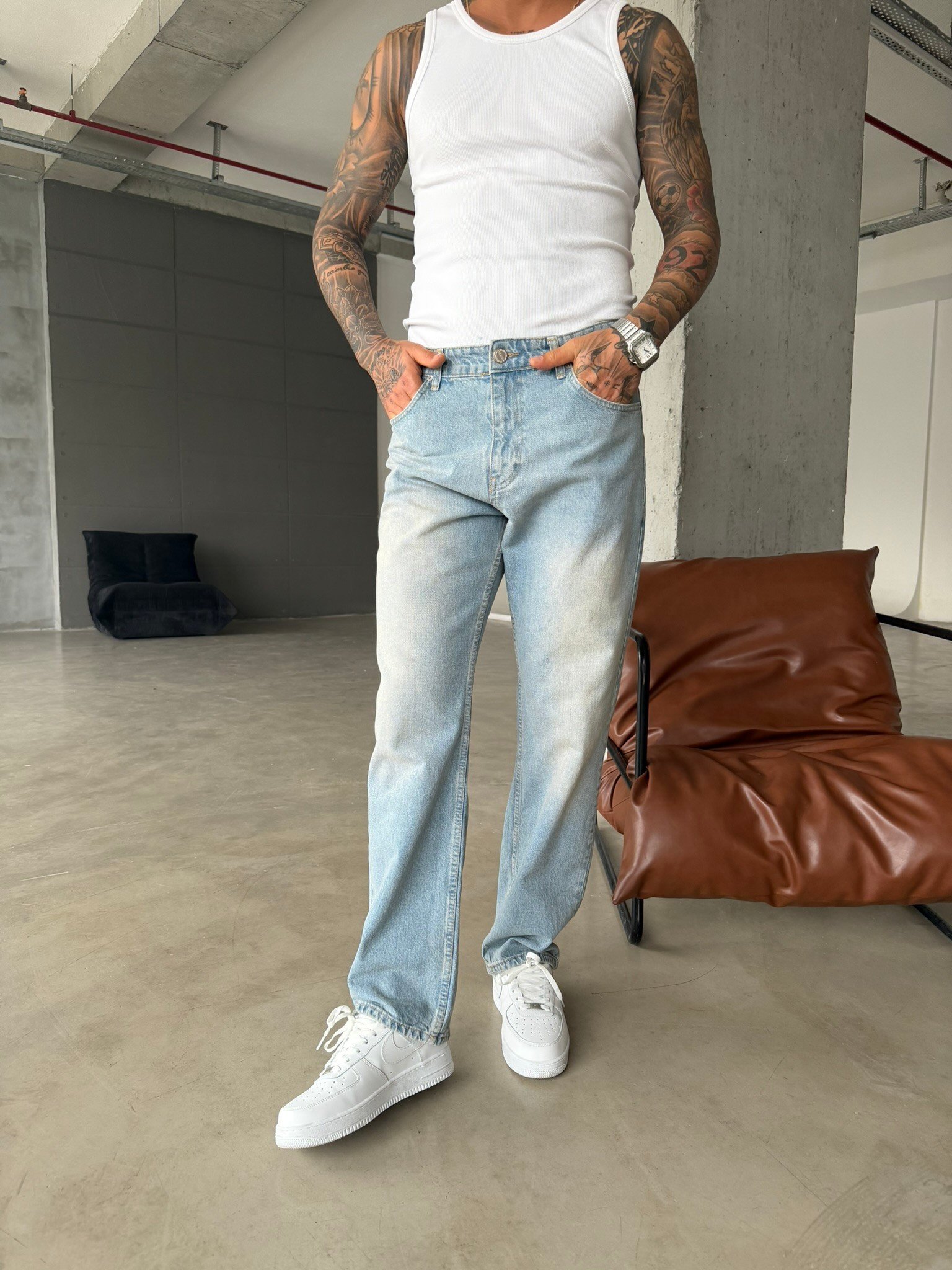 Düz Baggy Fit Basic Pantolon - Buz Mavi