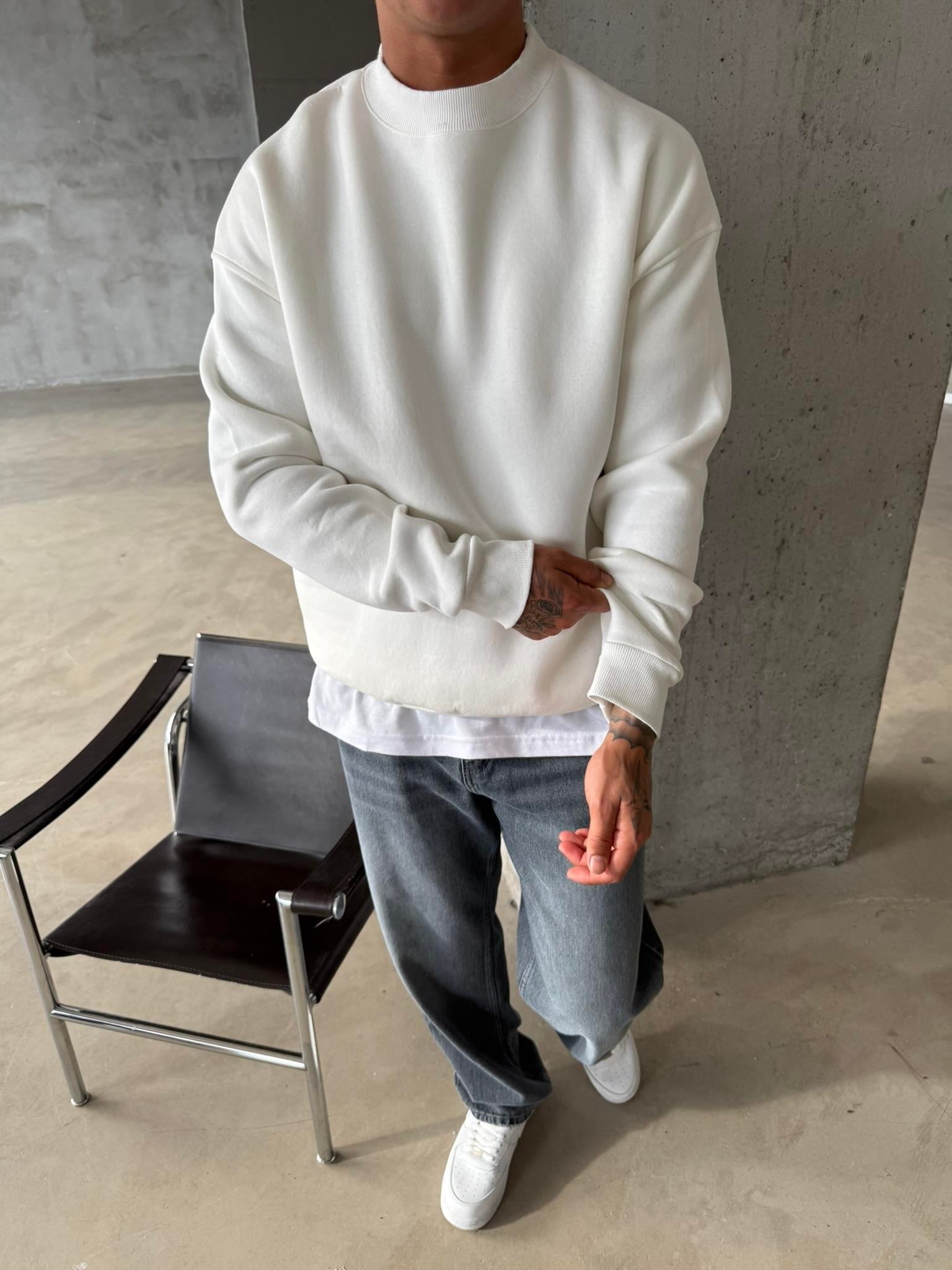 Düz Basic Bisiklet Yaka Sweat - Beyaz