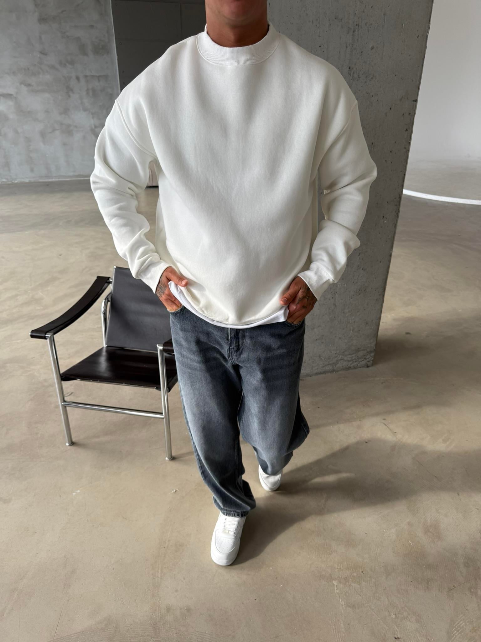 Düz Basic Bisiklet Yaka Sweat - Beyaz