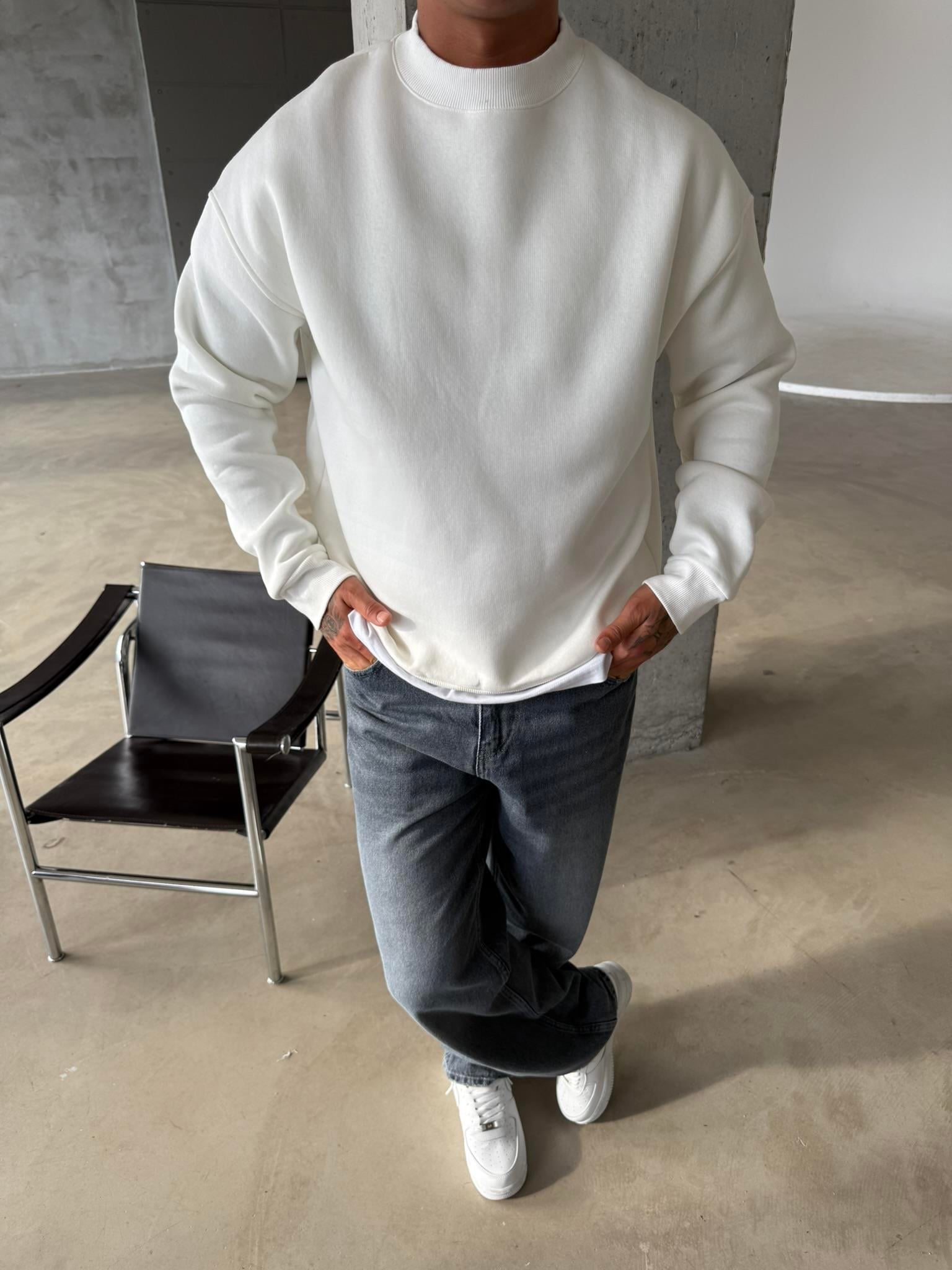 Düz Basic Bisiklet Yaka Sweat - Beyaz