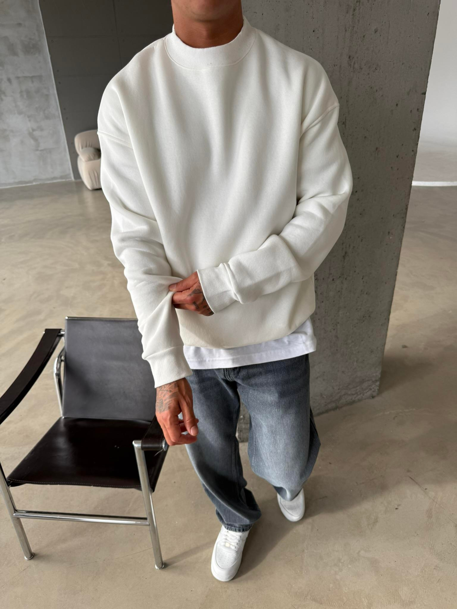 Düz Basic Bisiklet Yaka Sweat - Beyaz