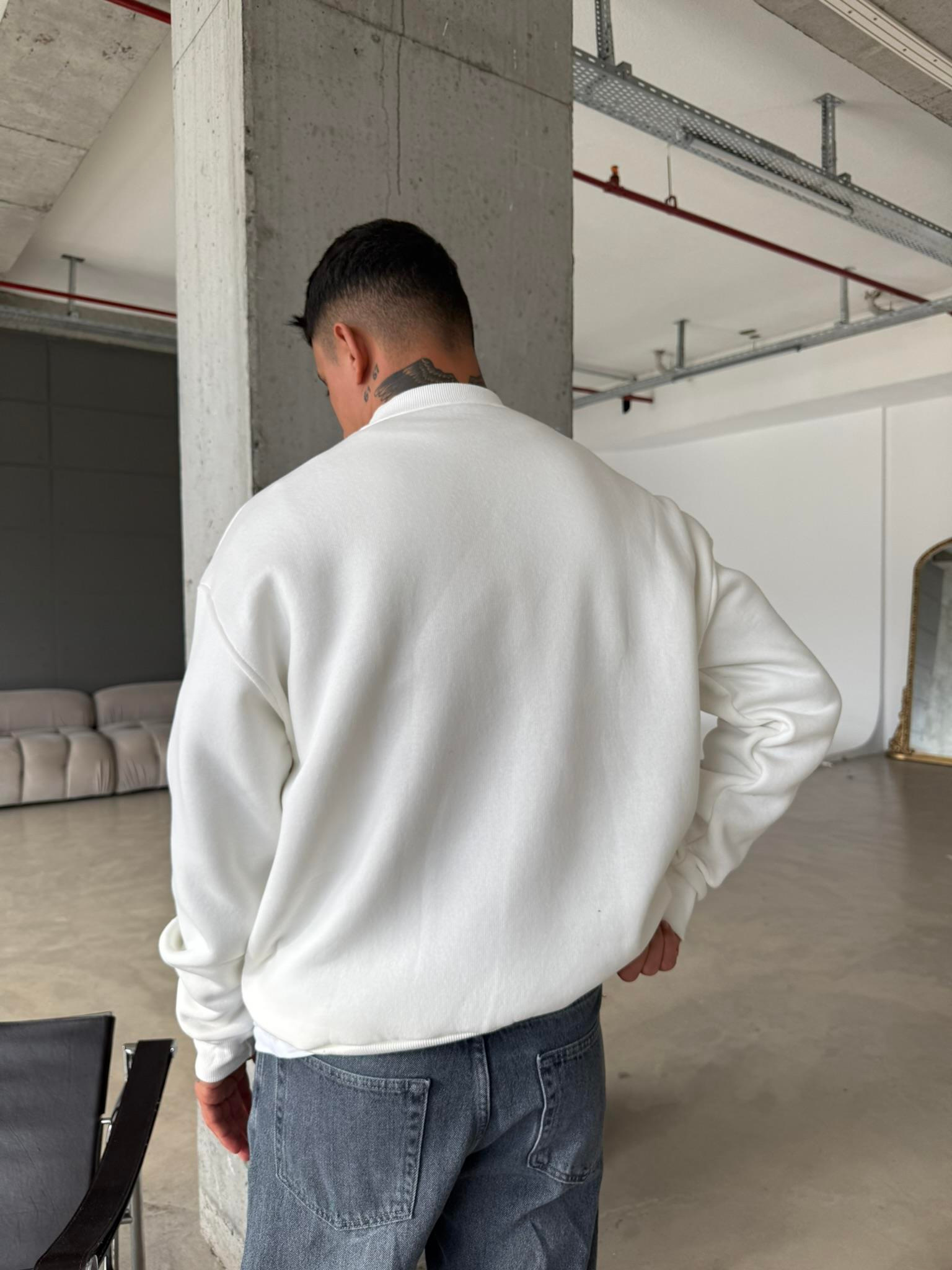 Düz Basic Bisiklet Yaka Sweat - Beyaz