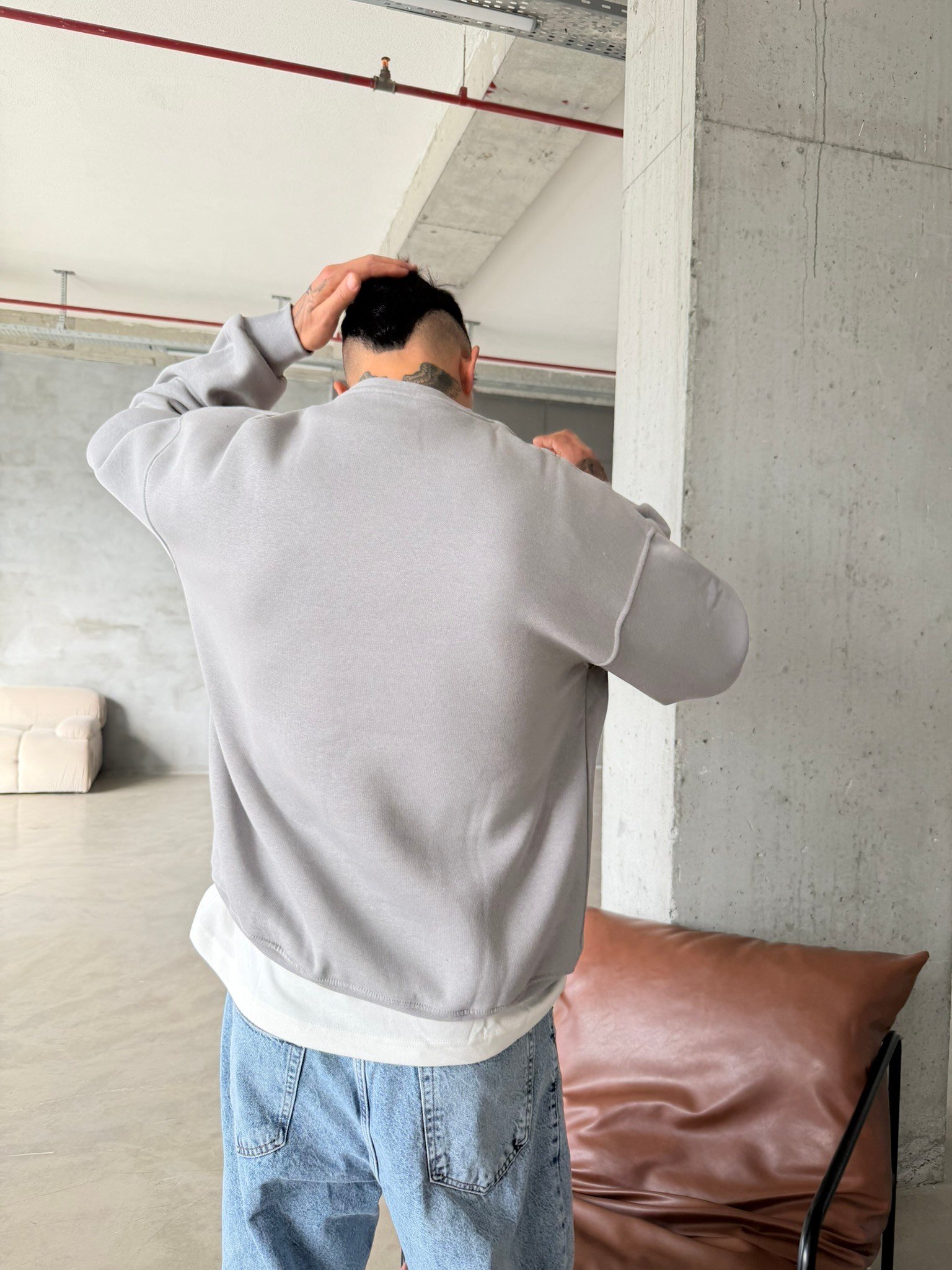 Düz Basic Bisiklet Yaka Sweat - Füme