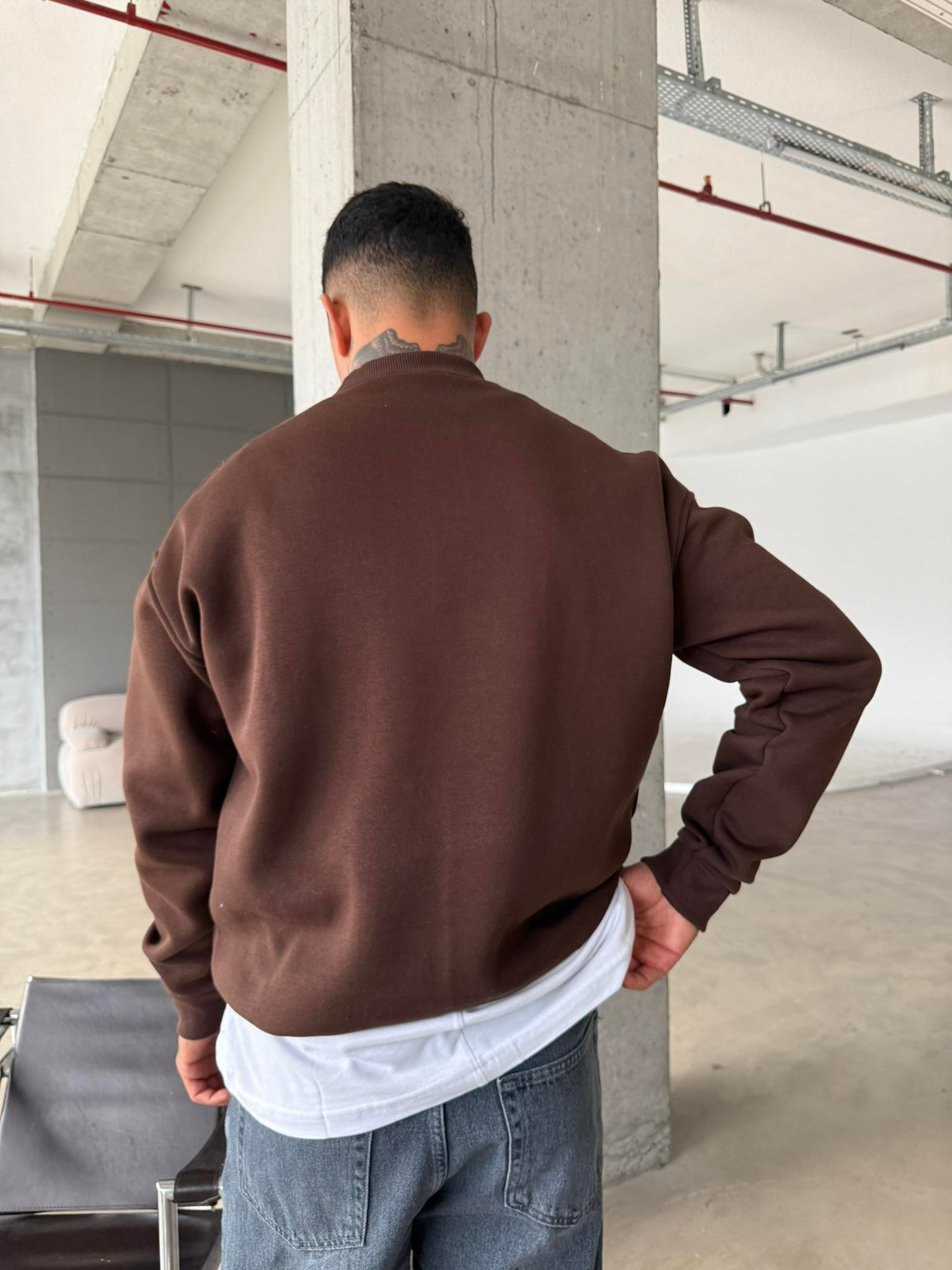 Düz Basic Bisiklet Yaka Sweat - Kahve