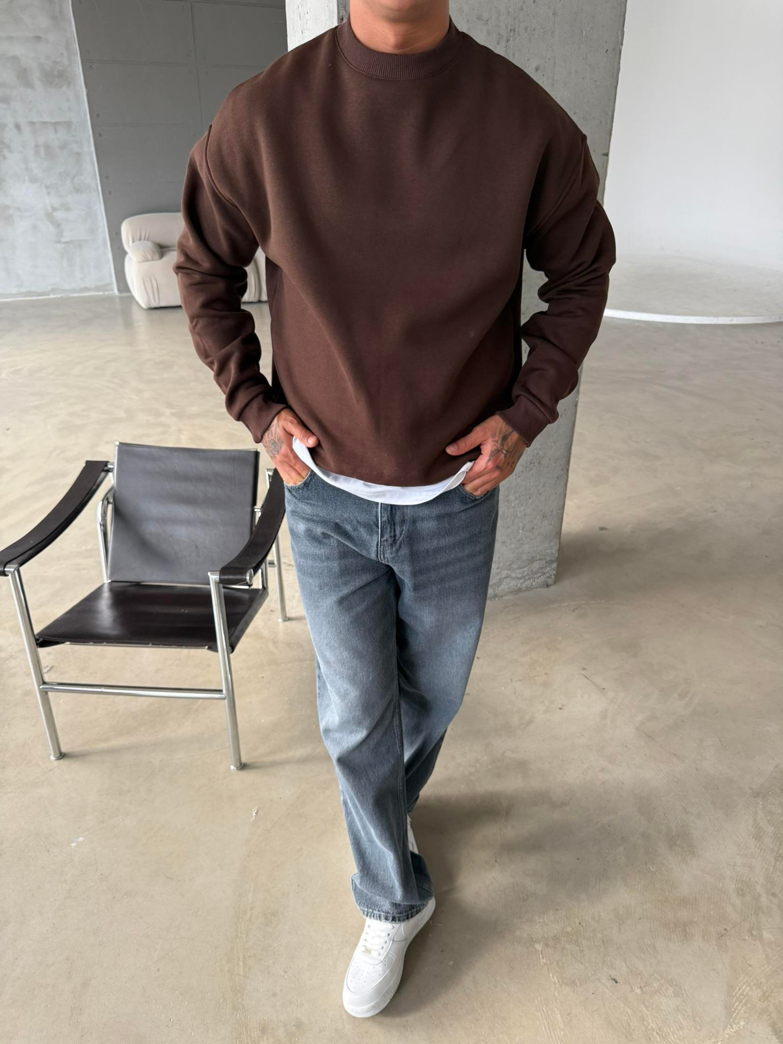 Düz Basic Bisiklet Yaka Sweat - Kahve