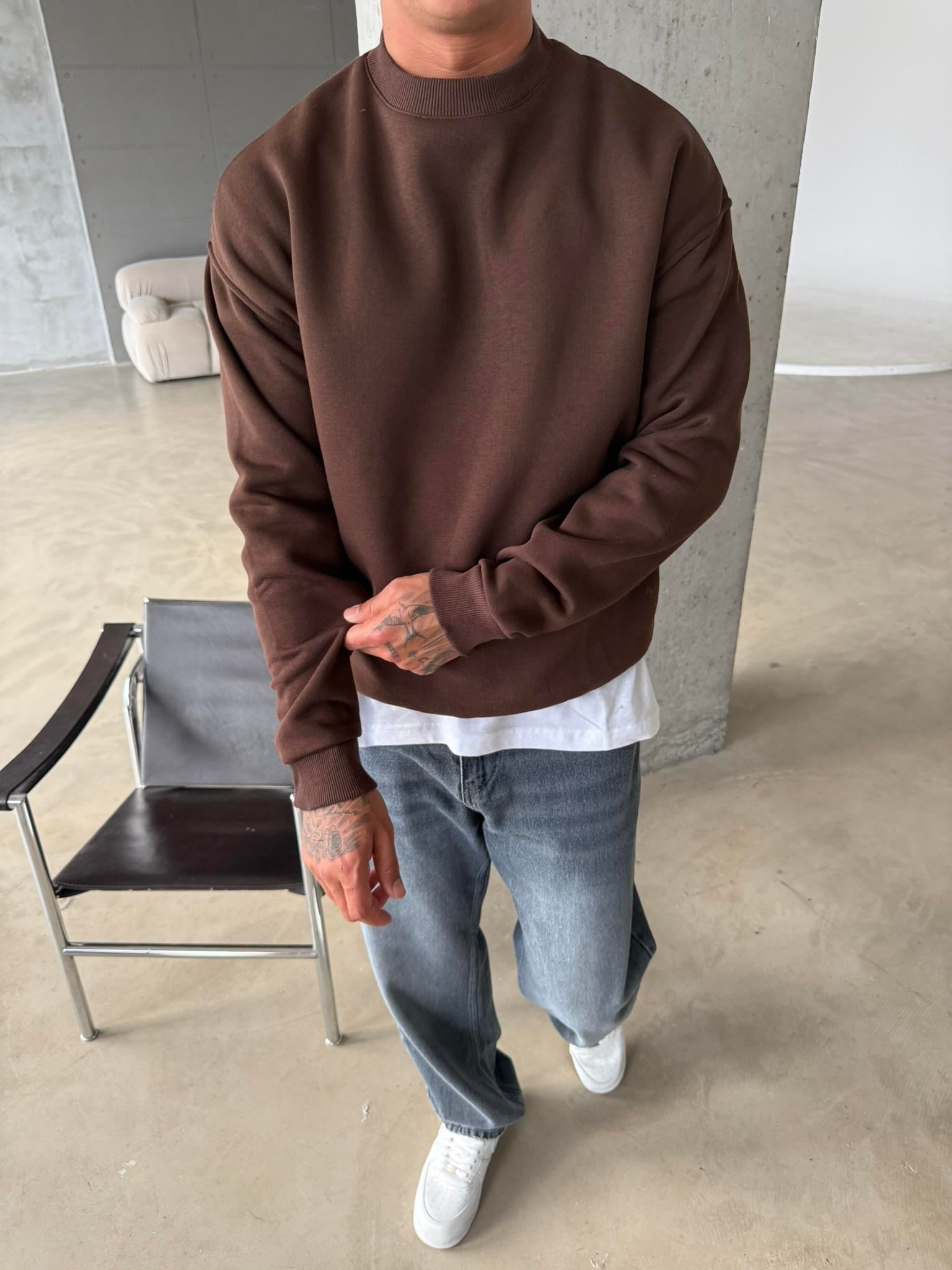 Düz Basic Bisiklet Yaka Sweat - Kahve