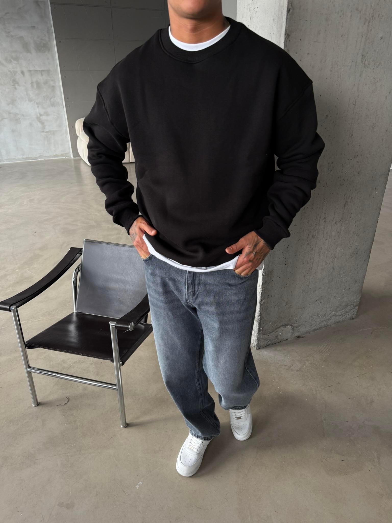 Düz Basic Bisiklet Yaka Sweat - Siyah