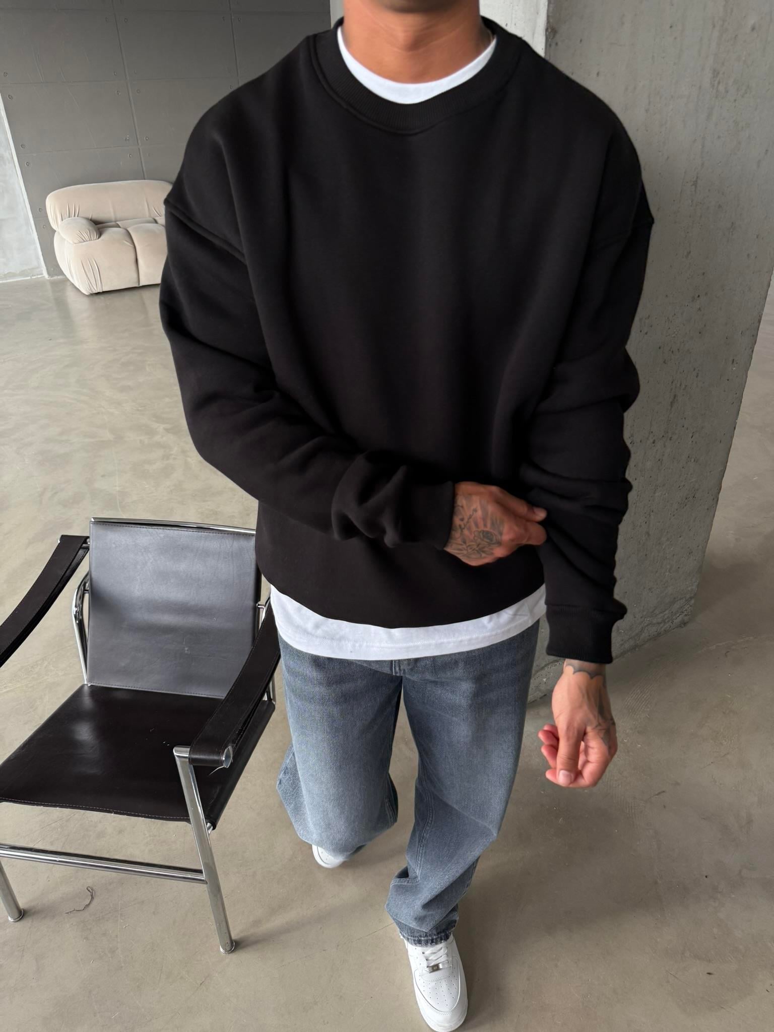 Düz Basic Bisiklet Yaka Sweat - Siyah