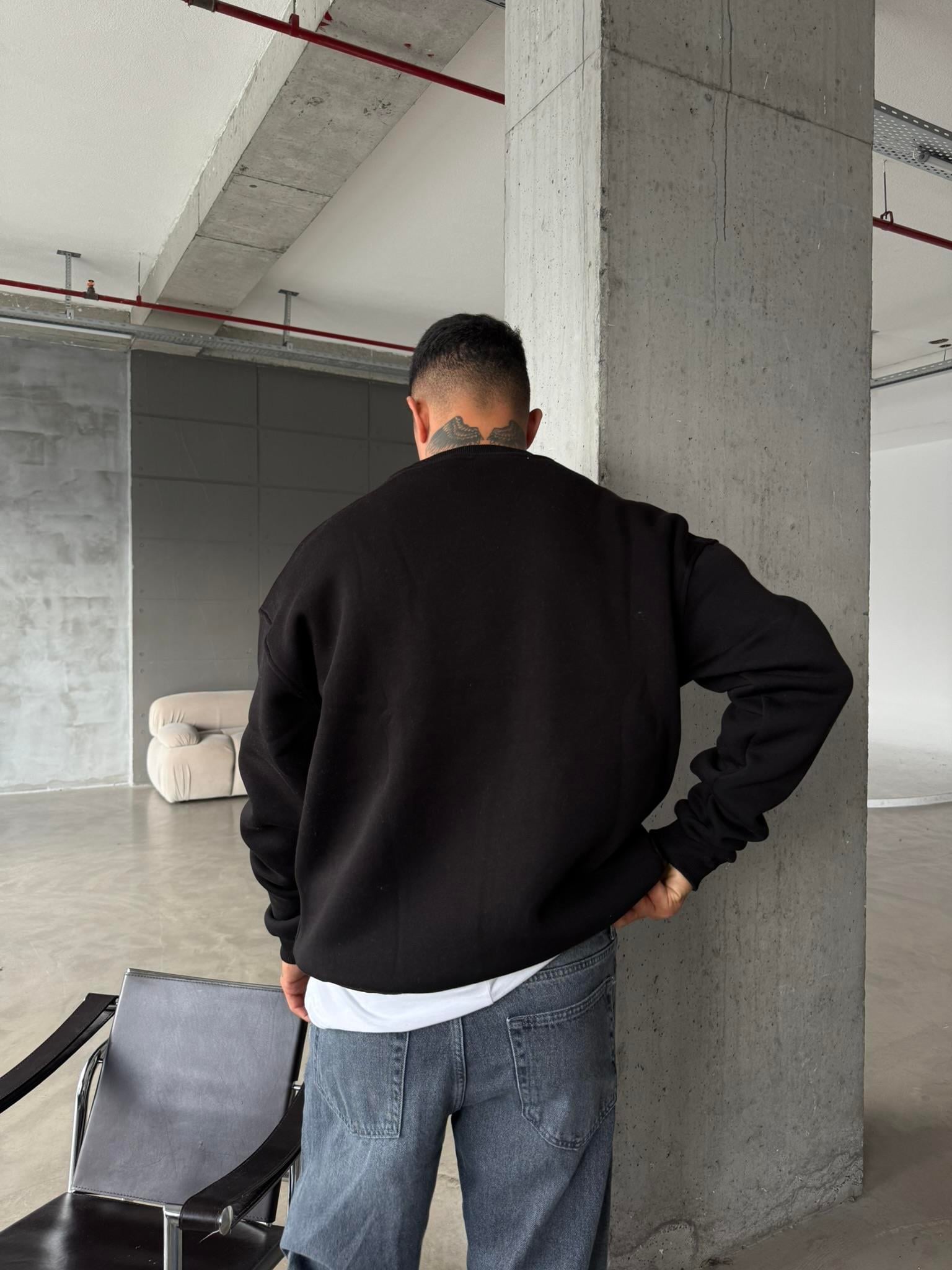 Düz Basic Bisiklet Yaka Sweat - Siyah