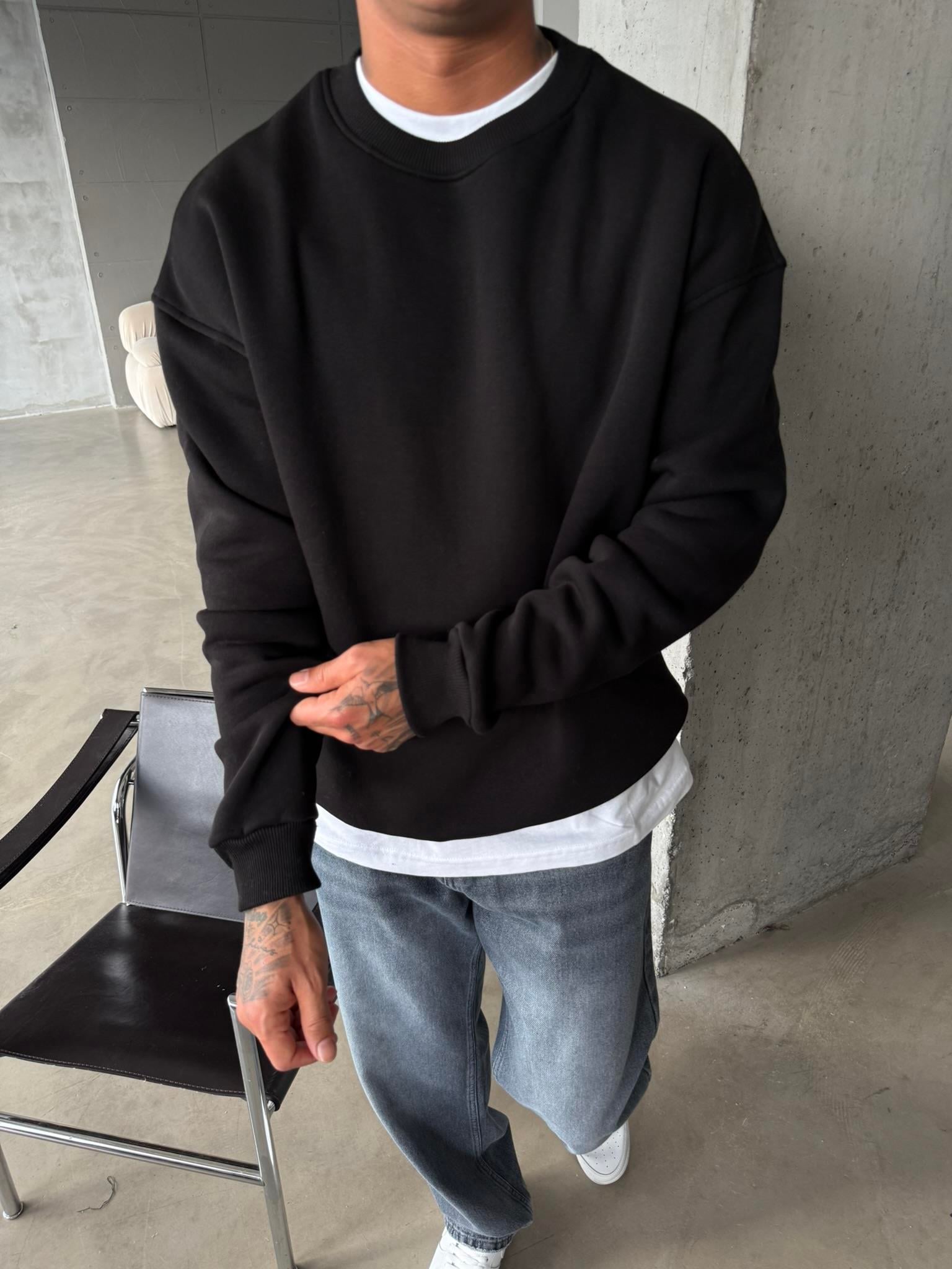 Düz Basic Bisiklet Yaka Sweat - Siyah