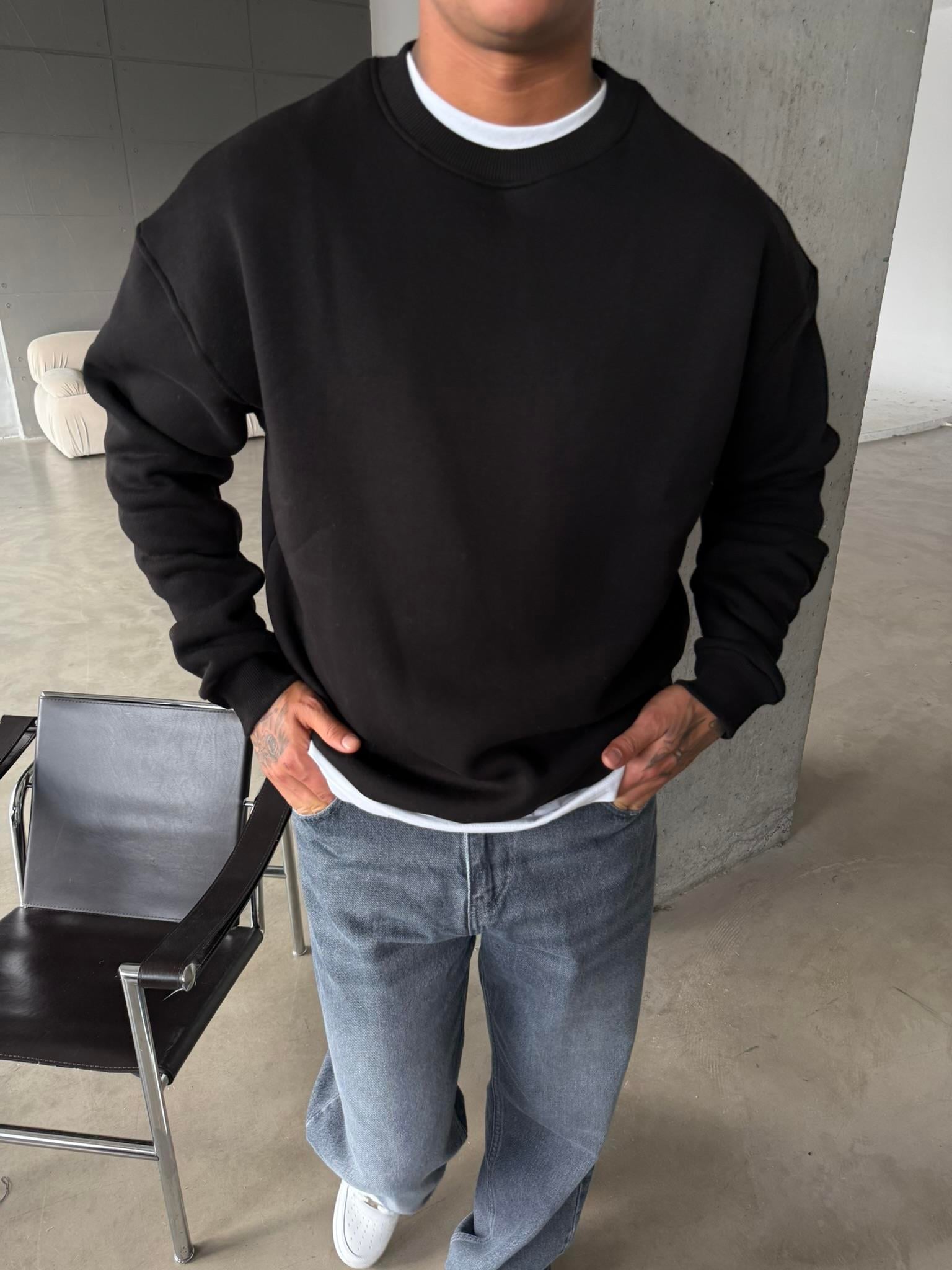 Düz Basic Bisiklet Yaka Sweat - Siyah