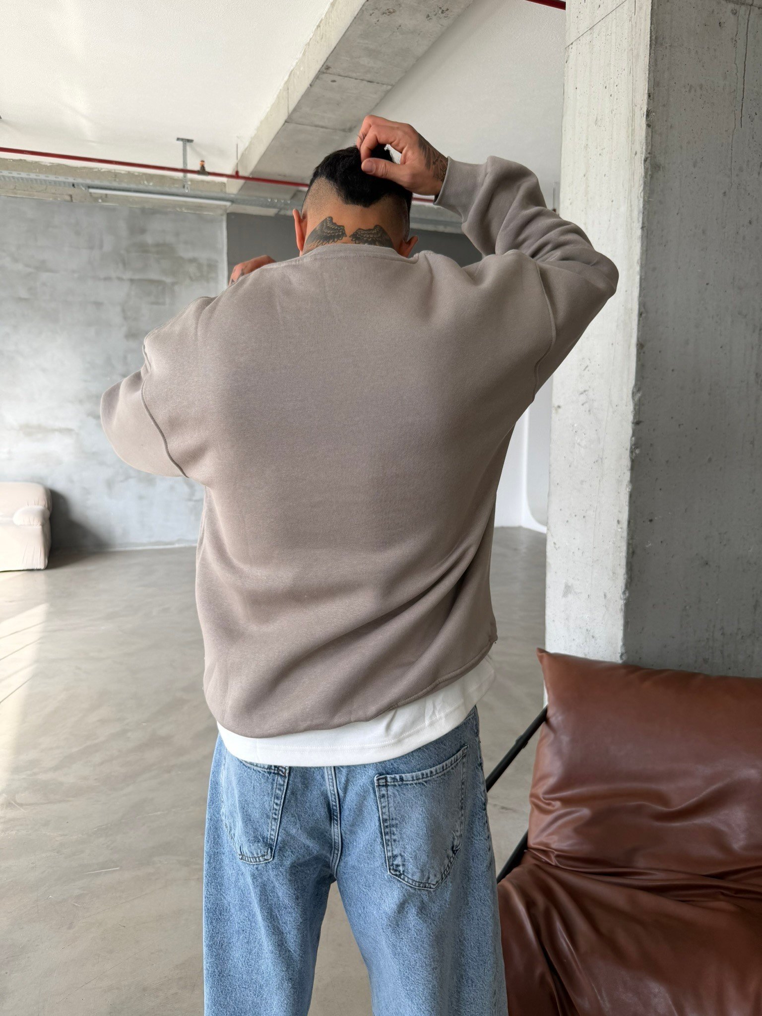 Düz Basic Bisiklet Yaka Sweat - Taş