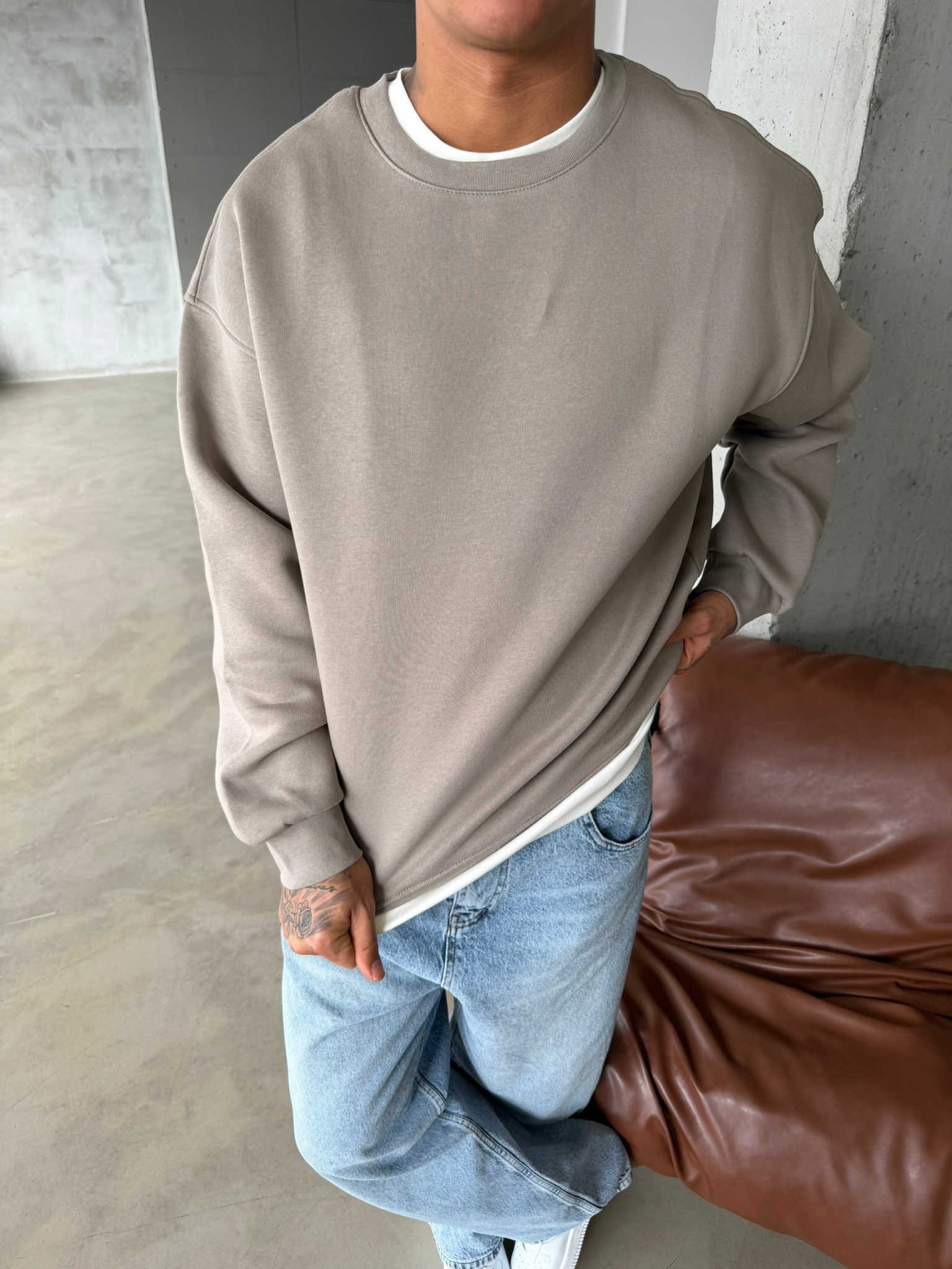 Düz Basic Bisiklet Yaka Sweat - Taş