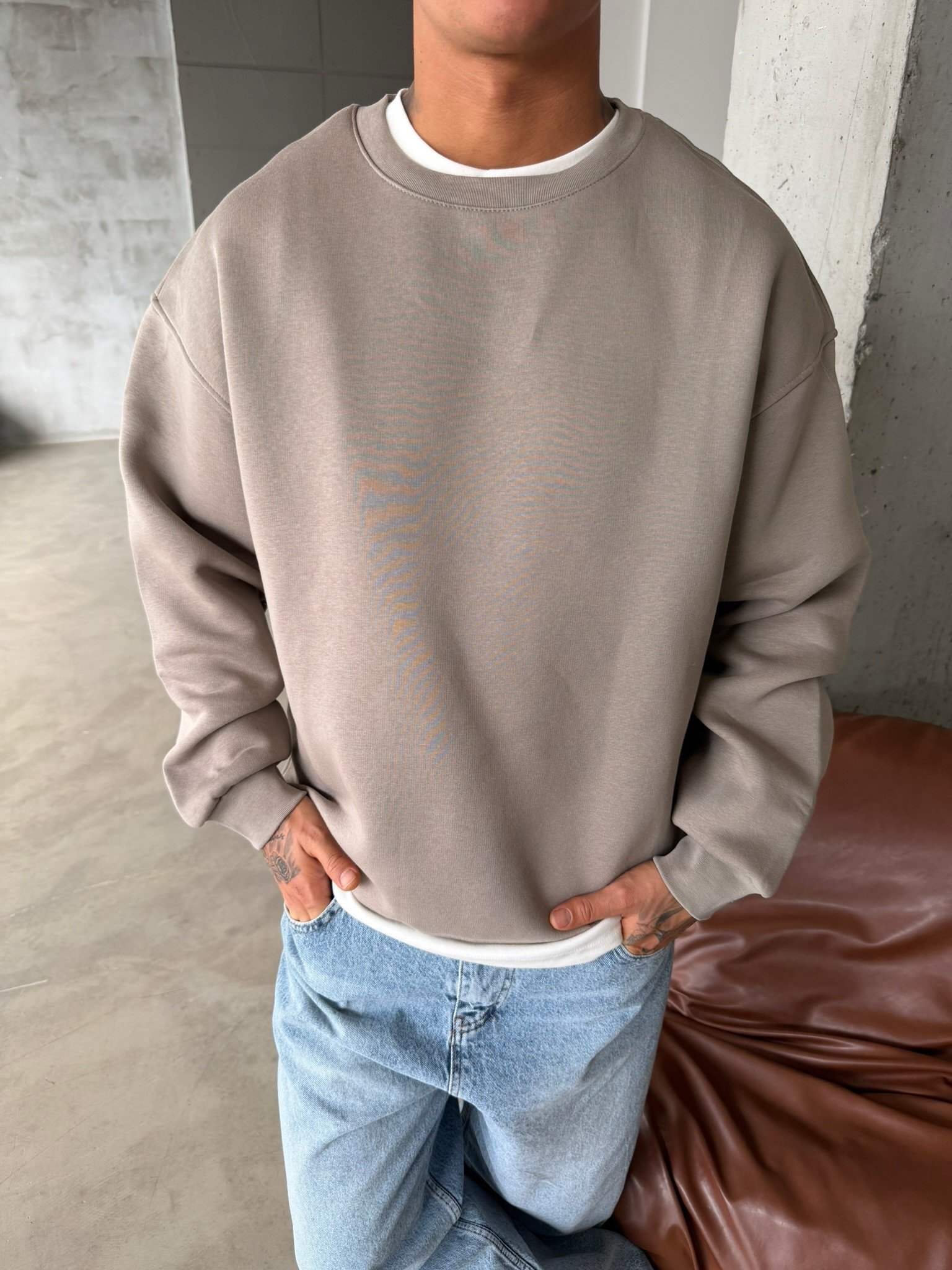 Düz Basic Bisiklet Yaka Sweat - Taş