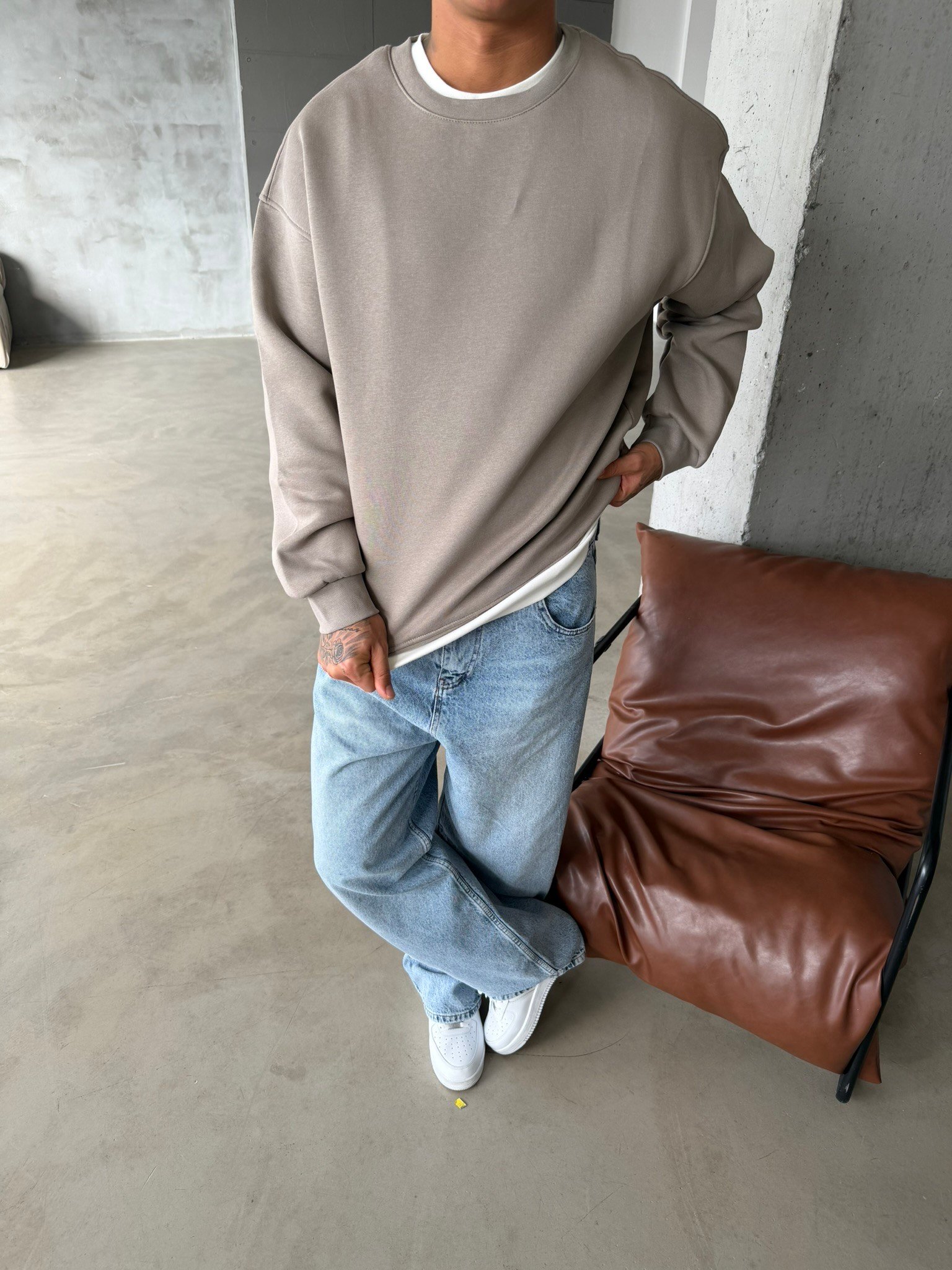 Düz Basic Bisiklet Yaka Sweat - Taş