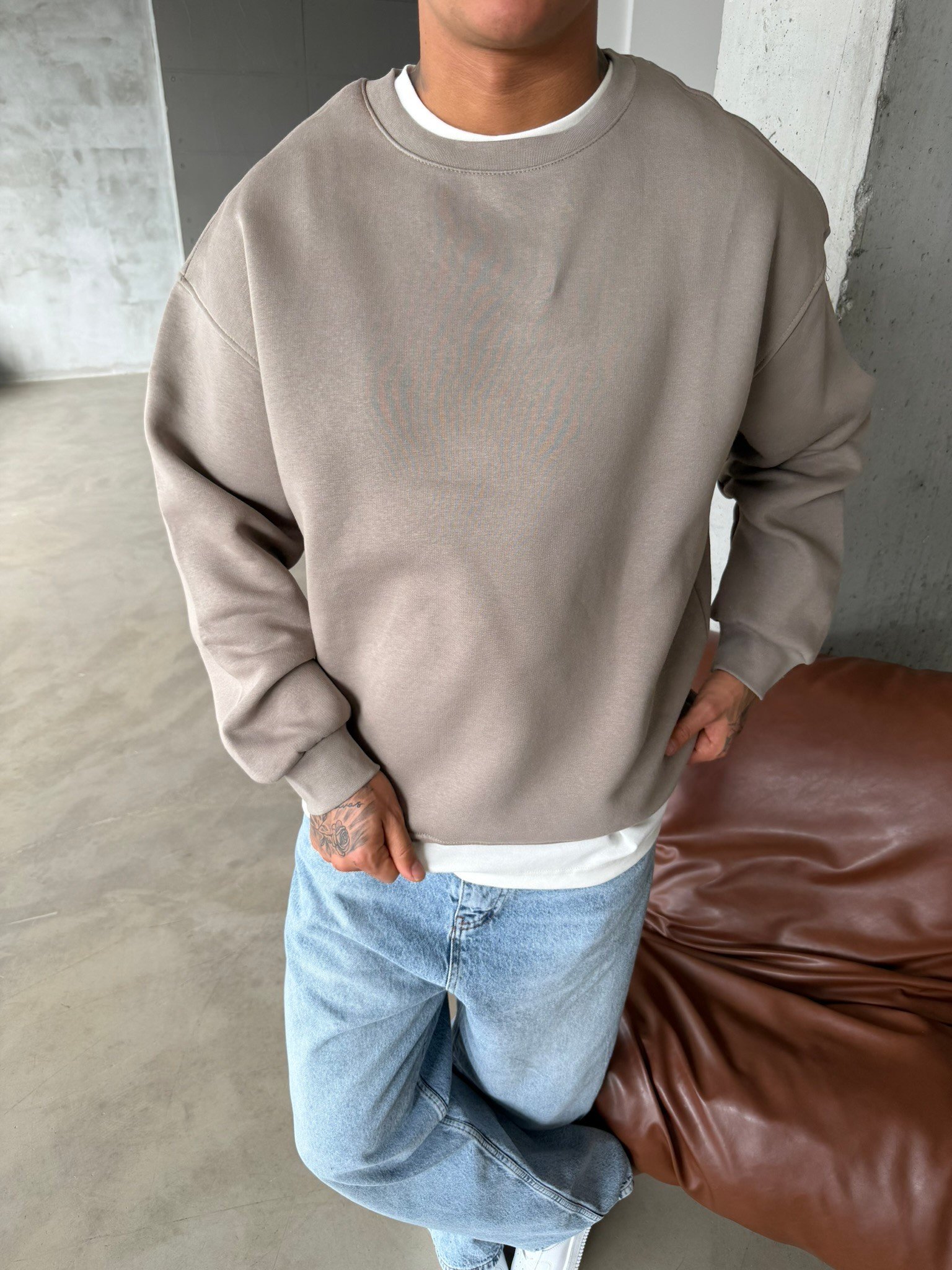 Düz Basic Bisiklet Yaka Sweat - Taş