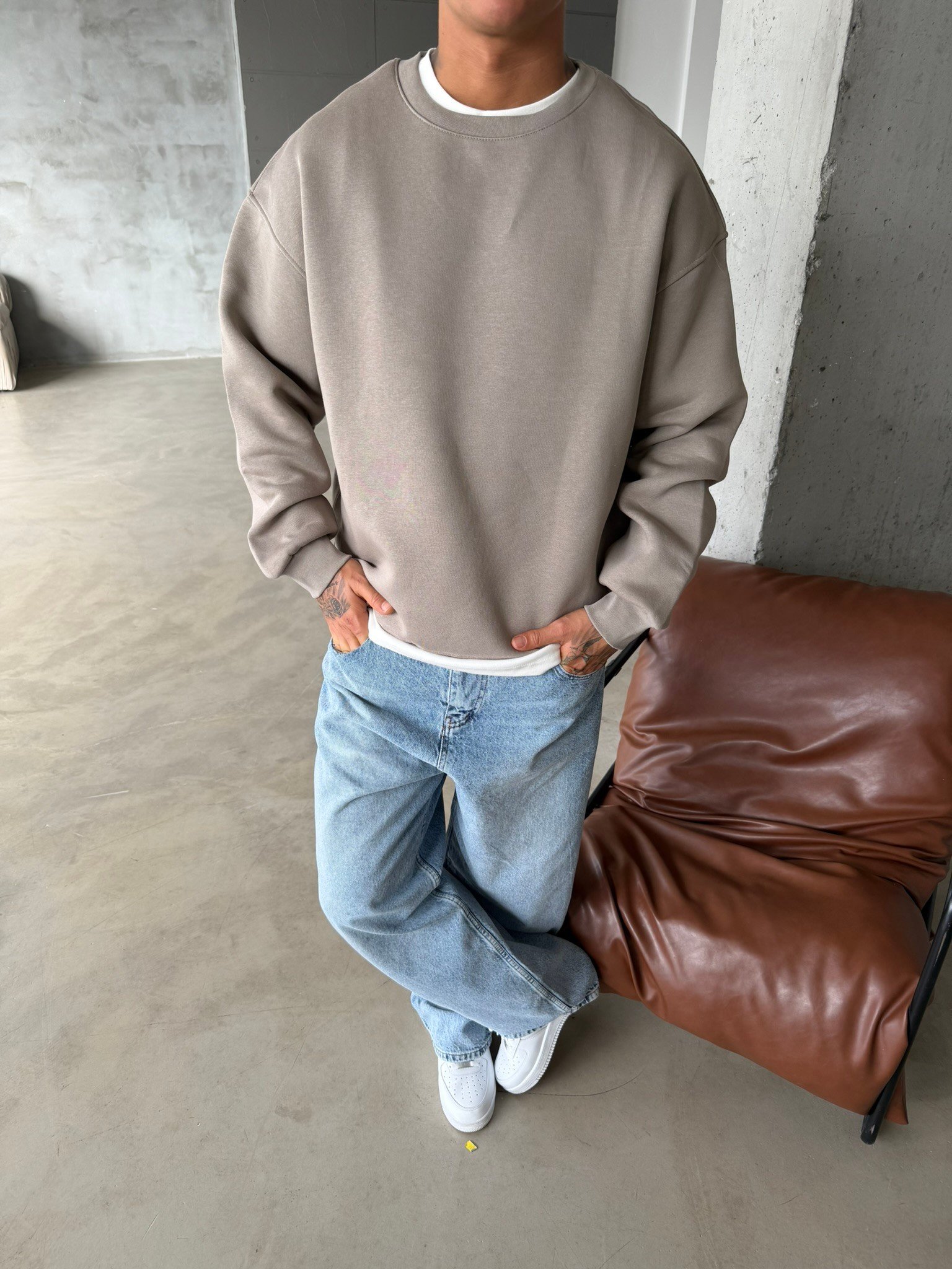 Düz Basic Bisiklet Yaka Sweat - Taş