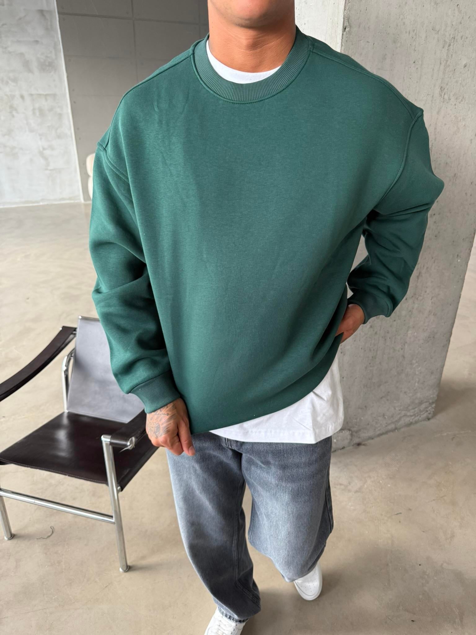 Düz Basic Bisiklet Yaka Sweat - Yeşil
