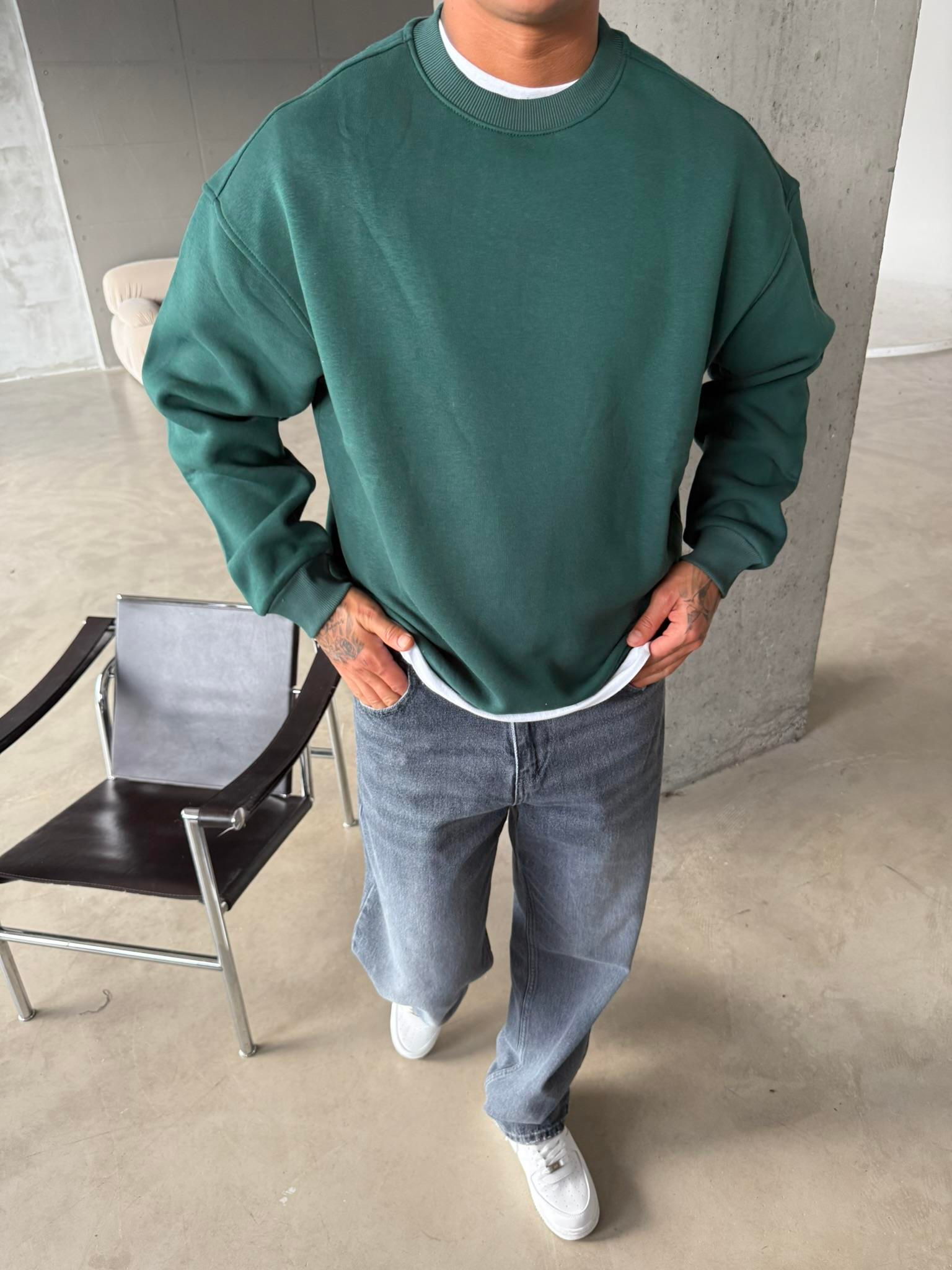 Düz Basic Bisiklet Yaka Sweat - Yeşil