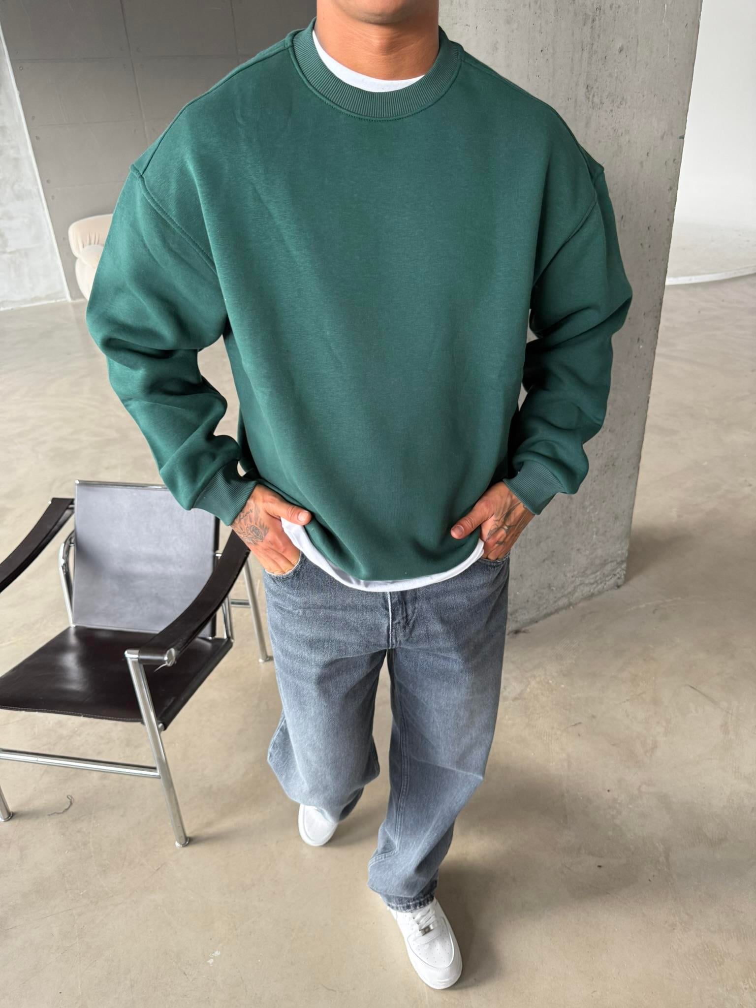 Düz Basic Bisiklet Yaka Sweat - Yeşil