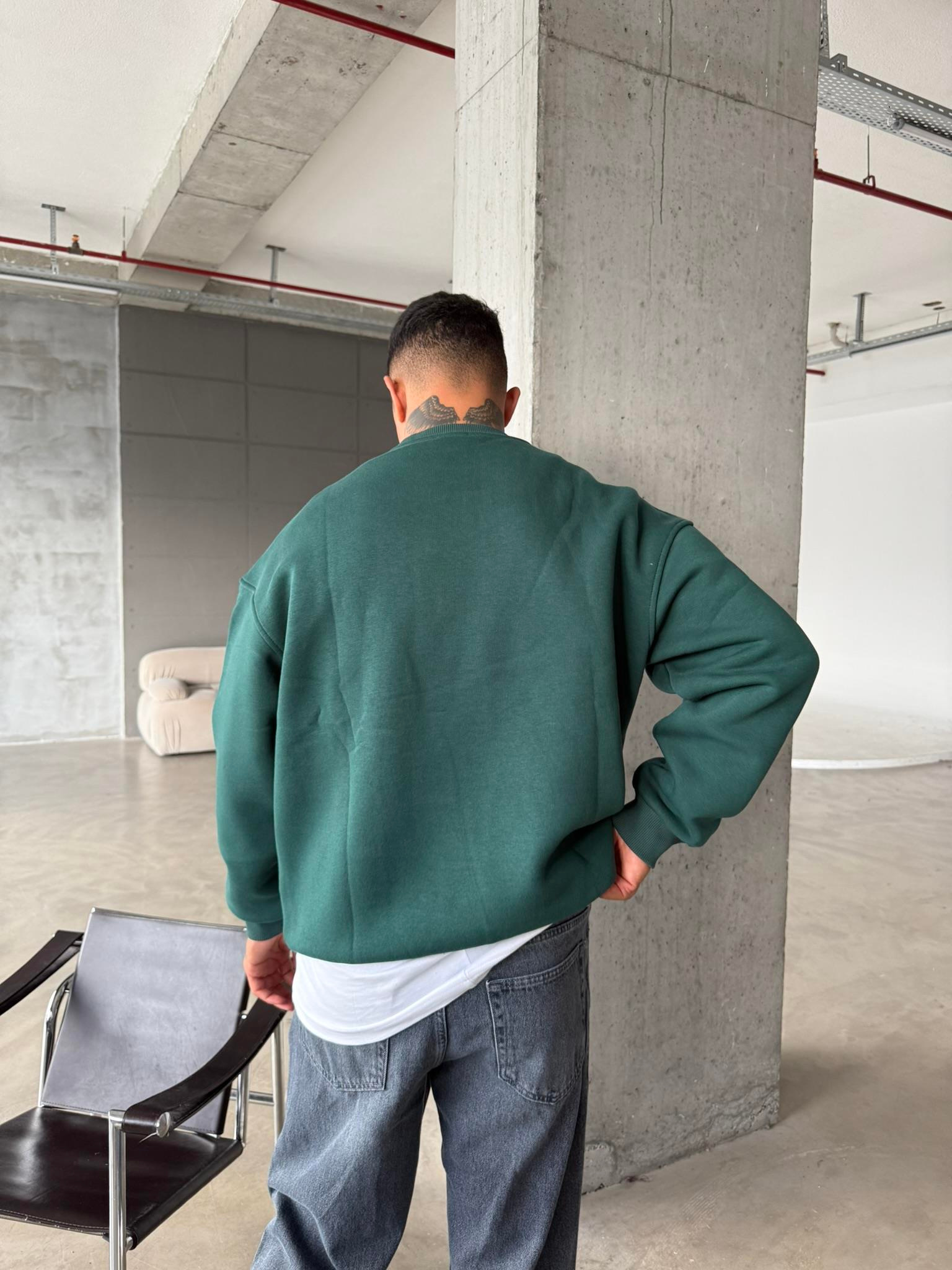 Düz Basic Bisiklet Yaka Sweat - Yeşil
