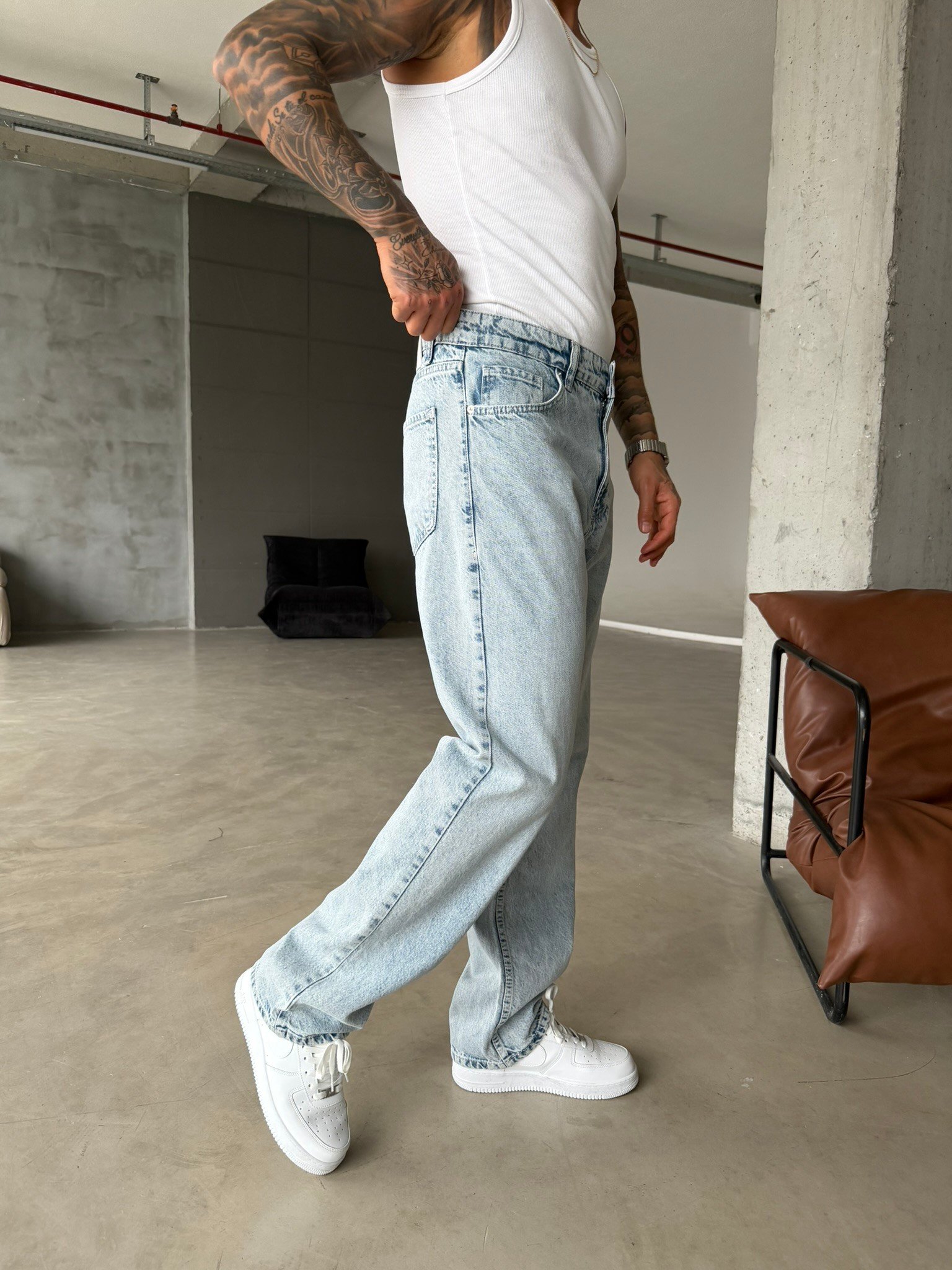 Düz Basic Detaylı Baggy Fit Pantolon - Buz Mavi