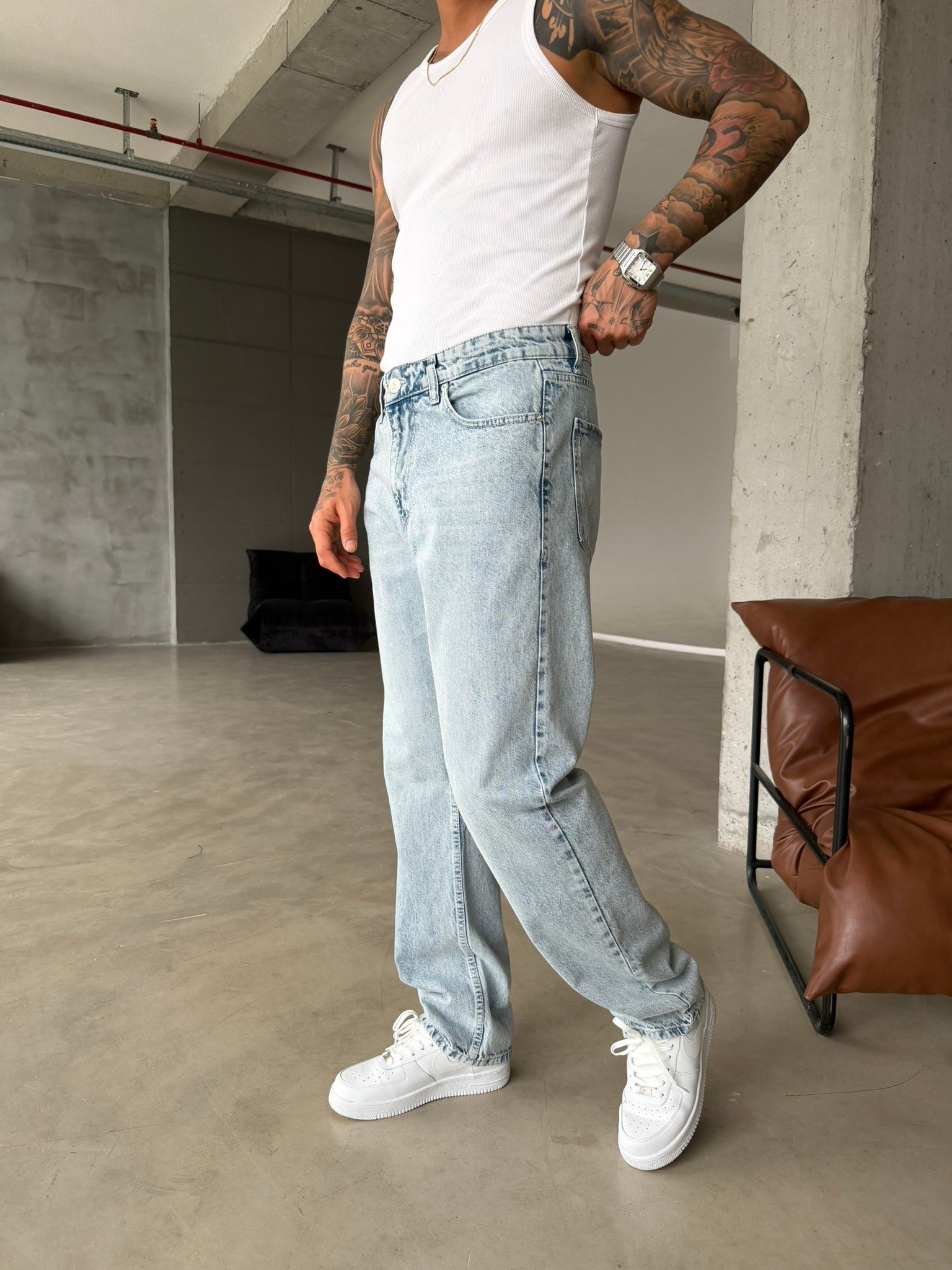 Düz Basic Detaylı Baggy Fit Pantolon - Buz Mavi